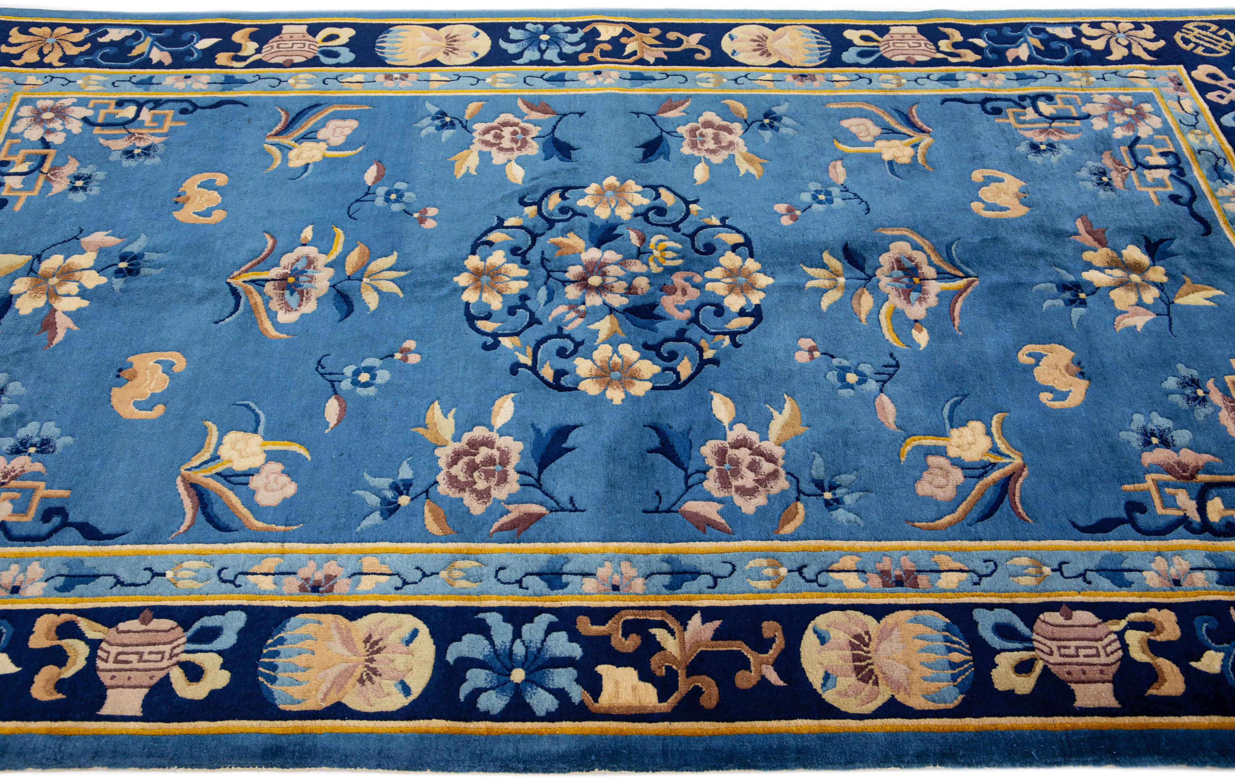Hand-Knotted Handmade Antique Peking Chinese Blue Wool Rug with Allover Floral Design For Sale