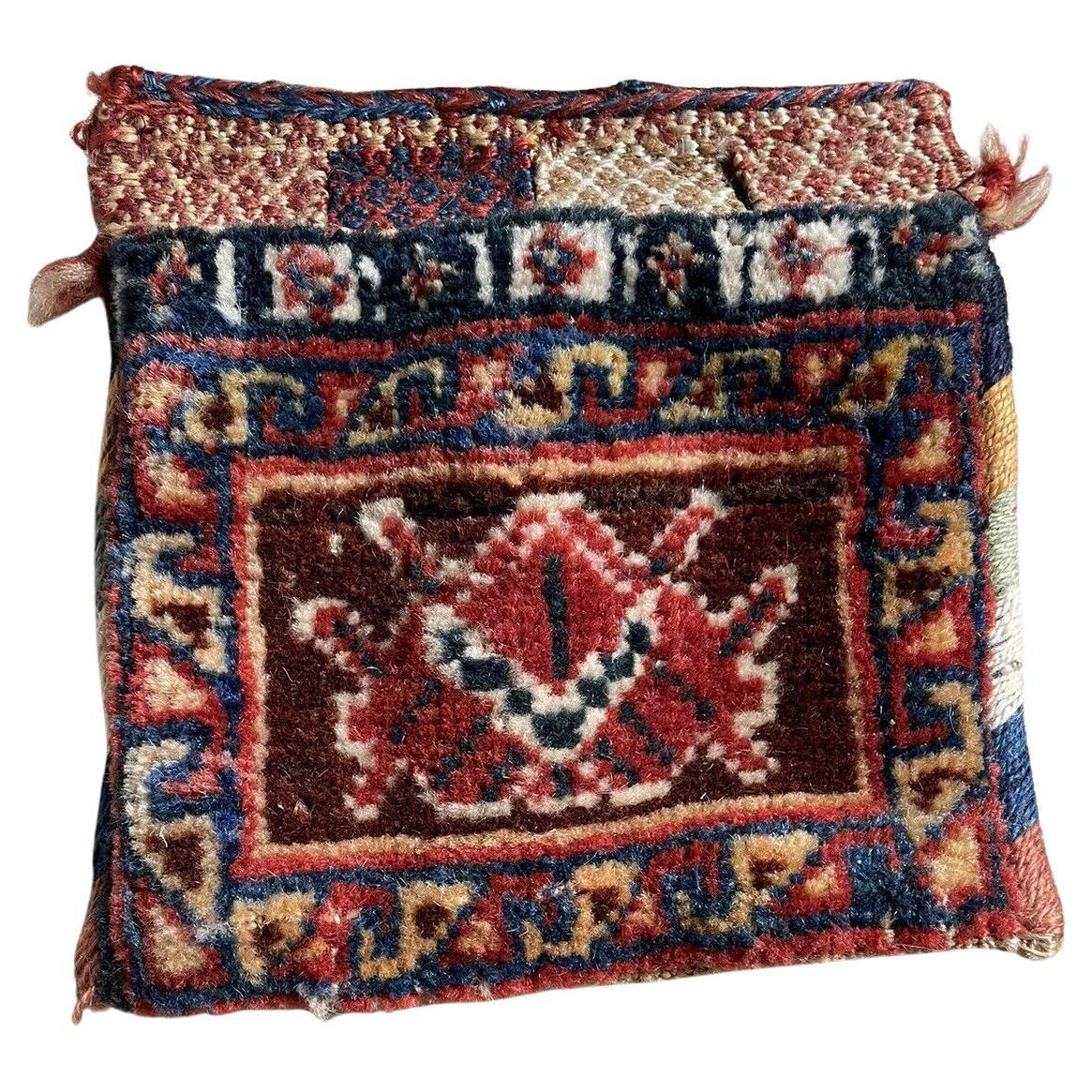 Handmade Antique Persian Gashkai Small Bag 6" x 6", 1900s - 1N13 For Sale