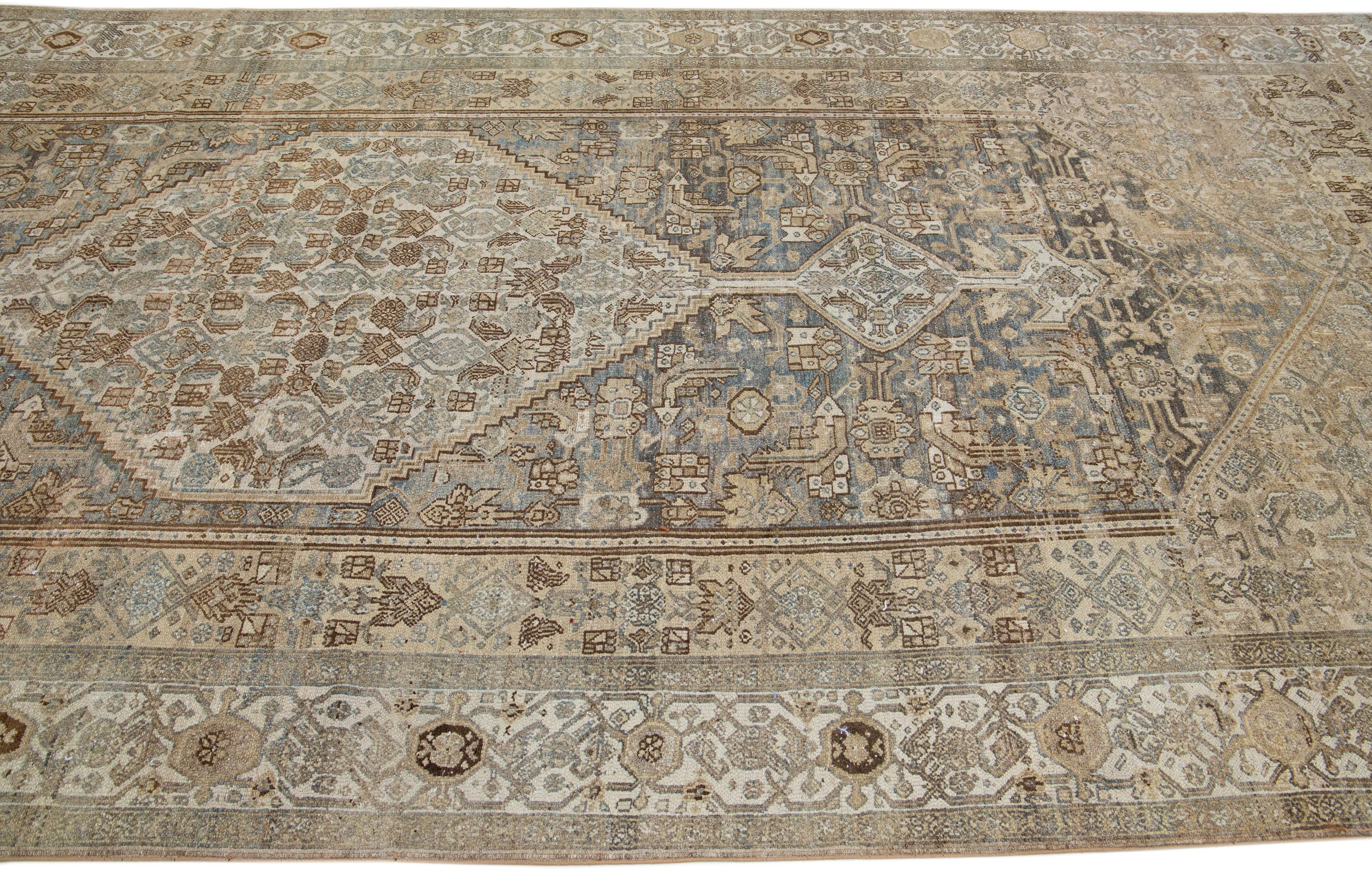 Hand-Knotted Handmade Antique Persian Hamadan Gallery Wool Rug in Blue For Sale