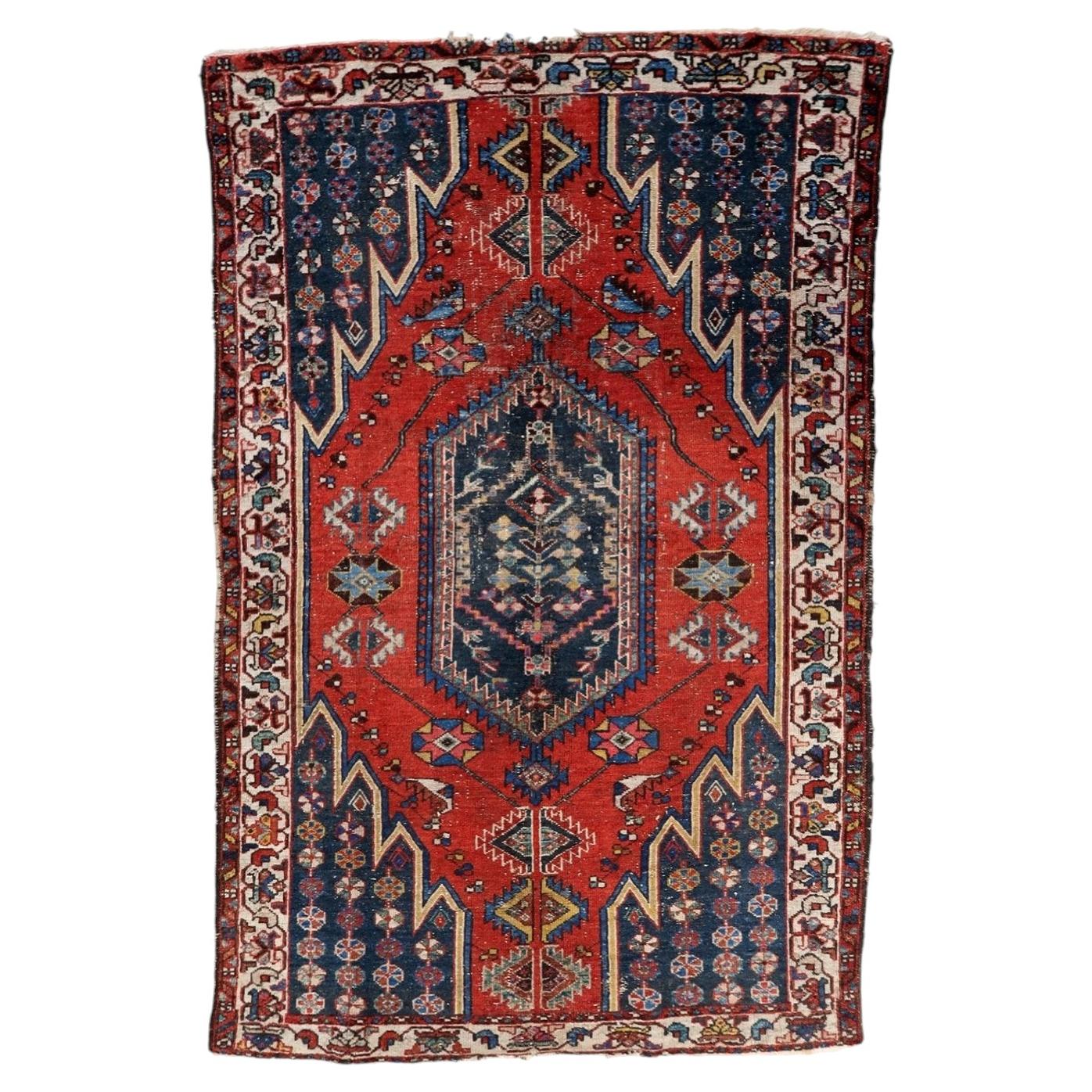 Handmade Antique Persian Hamadan Rug 1920s Distressed Wool 4.2 x 6.4 ft -1C1275