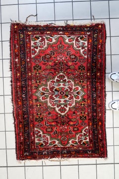 Handmade Antique Persian Hamadan Rug 1920s Red Floral Wool 3.4 x 4.8 ft -1C1272