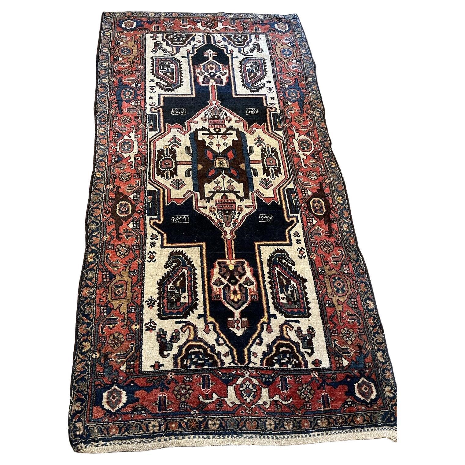Handmade Antique Persian Hamadan Rug 3.9' x 7.7', 1920s - 1N44