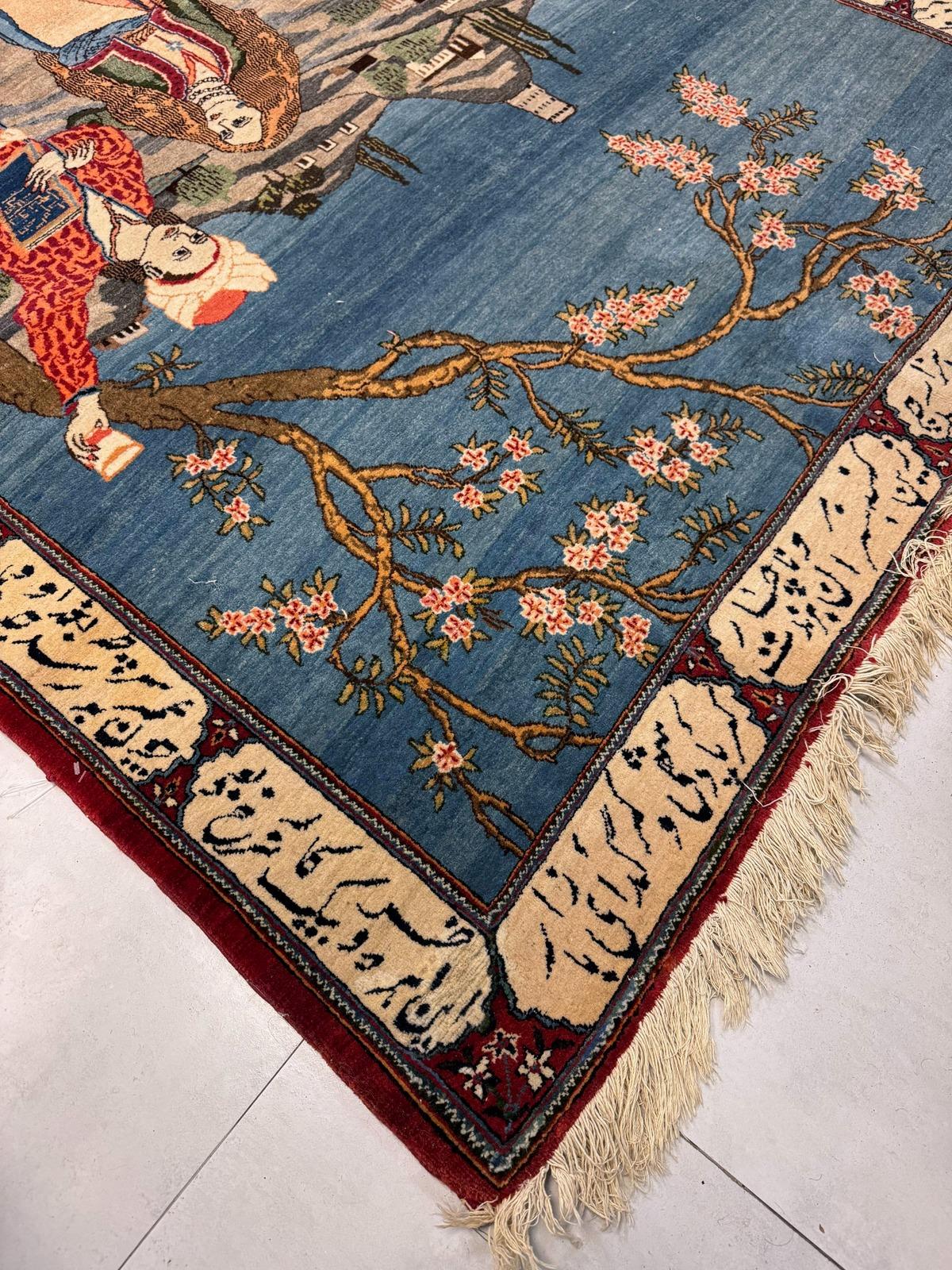 Francese Tappeto antico persiano Kashan pittorico fatto a mano 4,1' x 7,2, anni '20 - 2B87 in vendita
