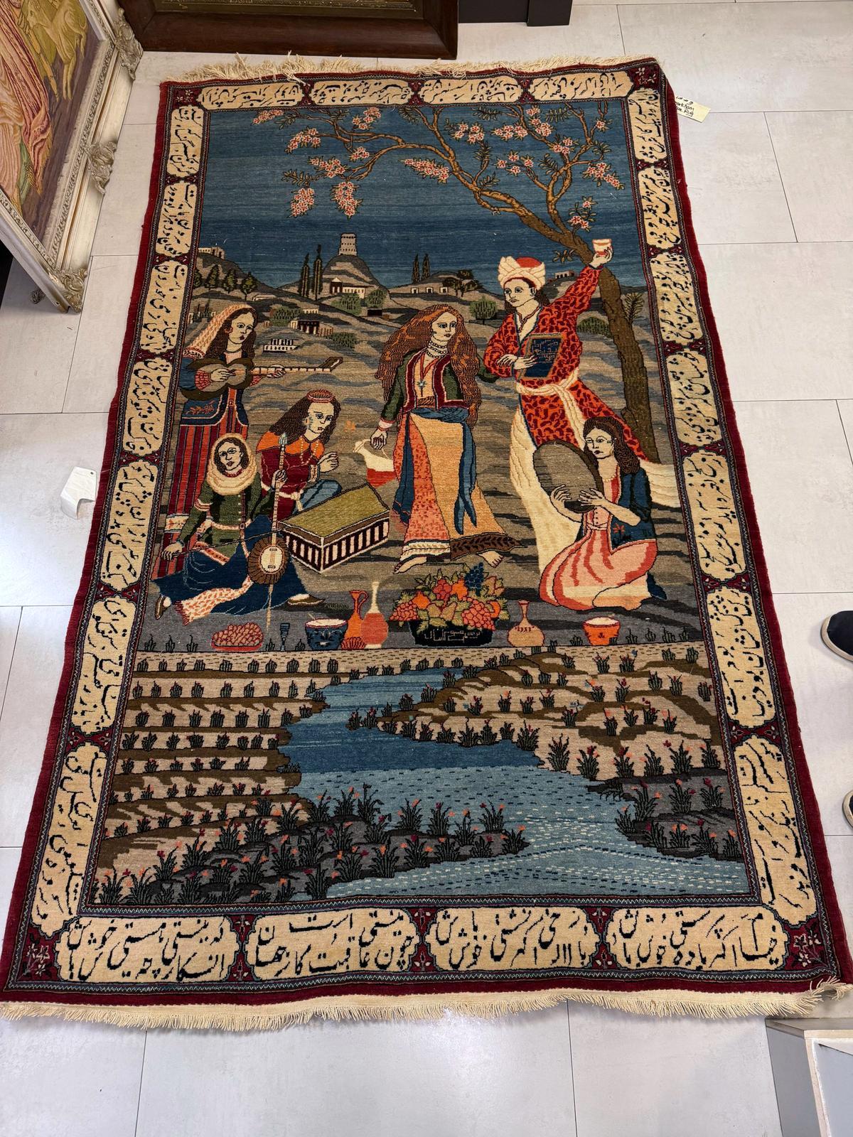 Lana Tappeto antico persiano Kashan pittorico fatto a mano 4,1' x 7,2, anni '20 - 2B87 in vendita