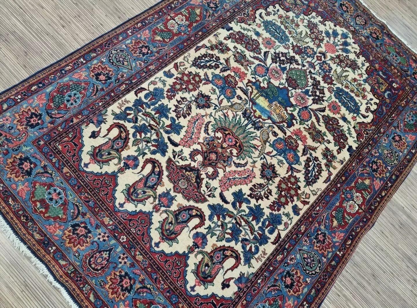 Noué à la main Tapis de Kashan persan ancien fait à la main 4,5' x 6,4' 1920s - 1D186 en vente