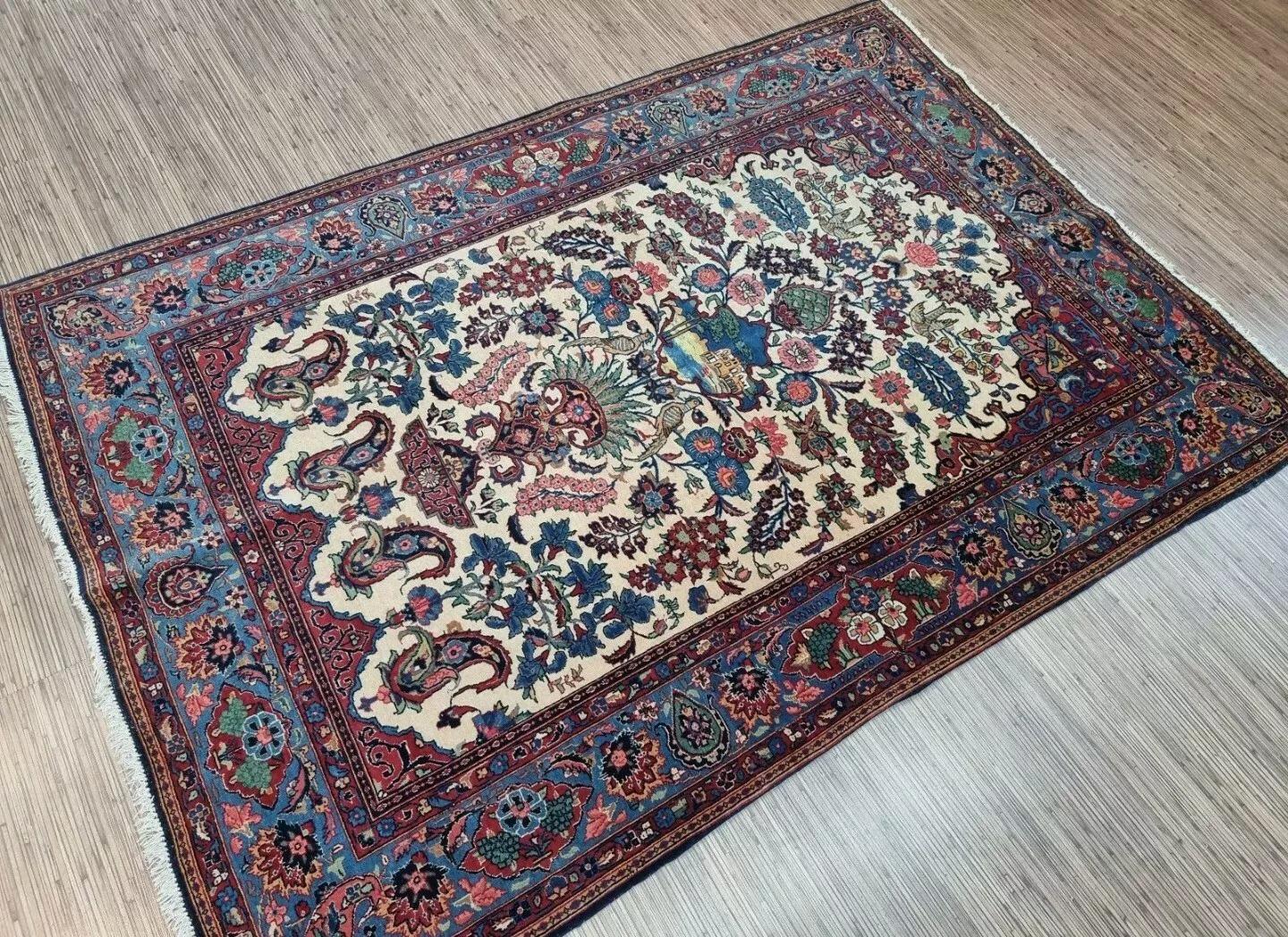 Tapis de Kashan persan ancien fait à la main 4,5' x 6,4' 1920s - 1D186 Bon état - En vente à Bordeaux, FR