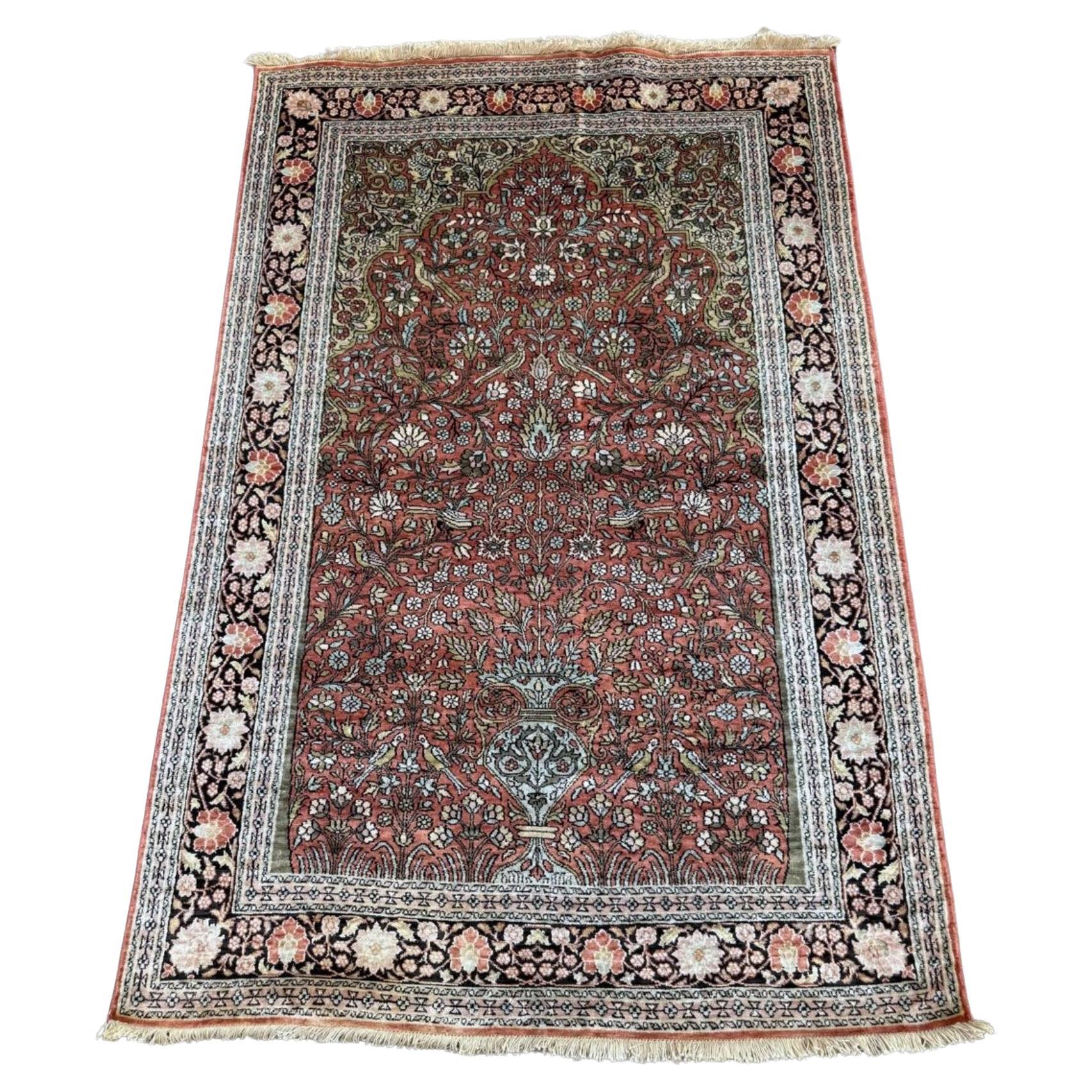 Tappeto antico di seta persiana Kashan fatto a mano 4,1' x 6,2, anni '30 - 2B90