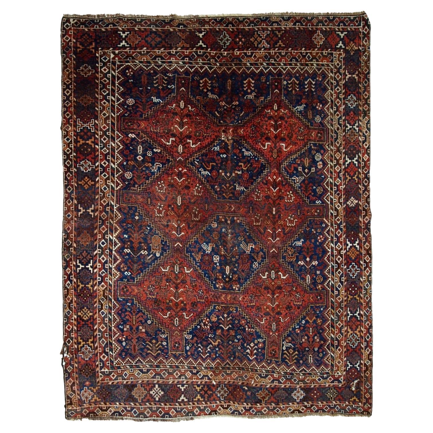 Handmade Antique Persian Khamseh Rug, 1900s, 1C595 For Sale