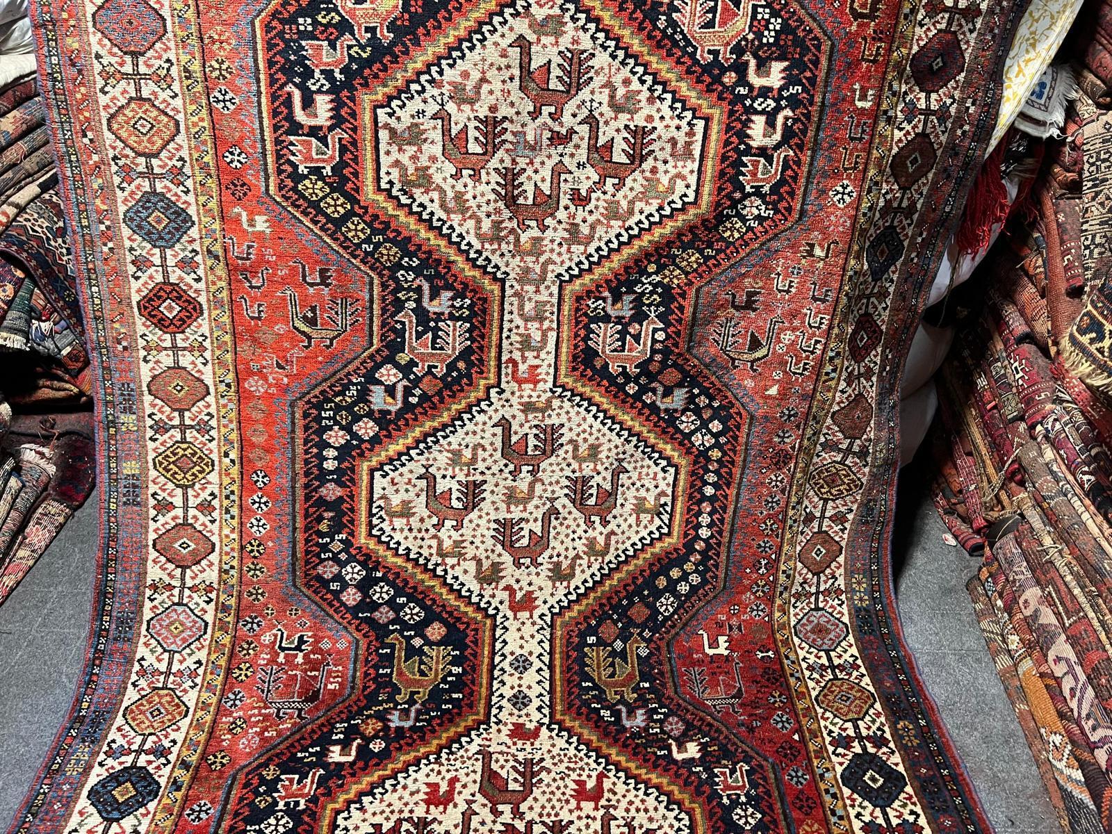 Tapis ancien persan Khamseh fait main 4.10' x 9.5', 1870s - 2B77 Bon état - En vente à Bordeaux, FR