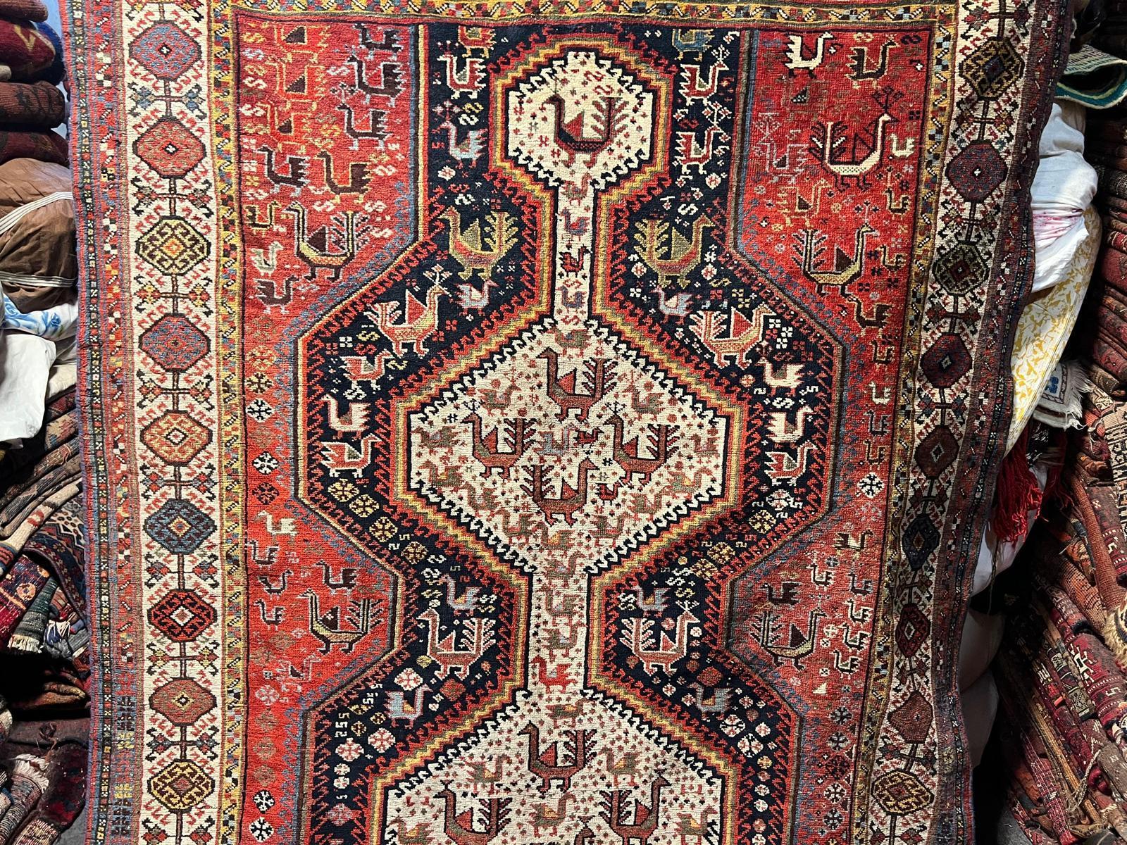 Laine Tapis ancien persan Khamseh fait main 4.10' x 9.5', 1870s - 2B77 en vente