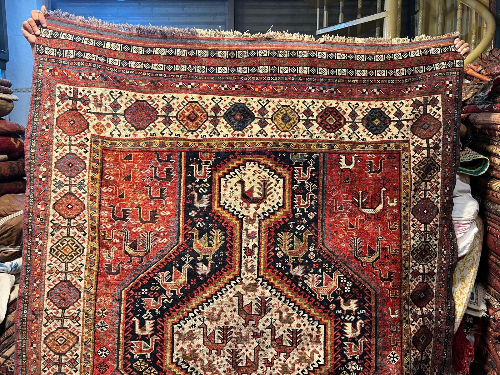Tapis ancien persan Khamseh fait main 4.10' x 9.5', 1870s - 2B77 en vente 1