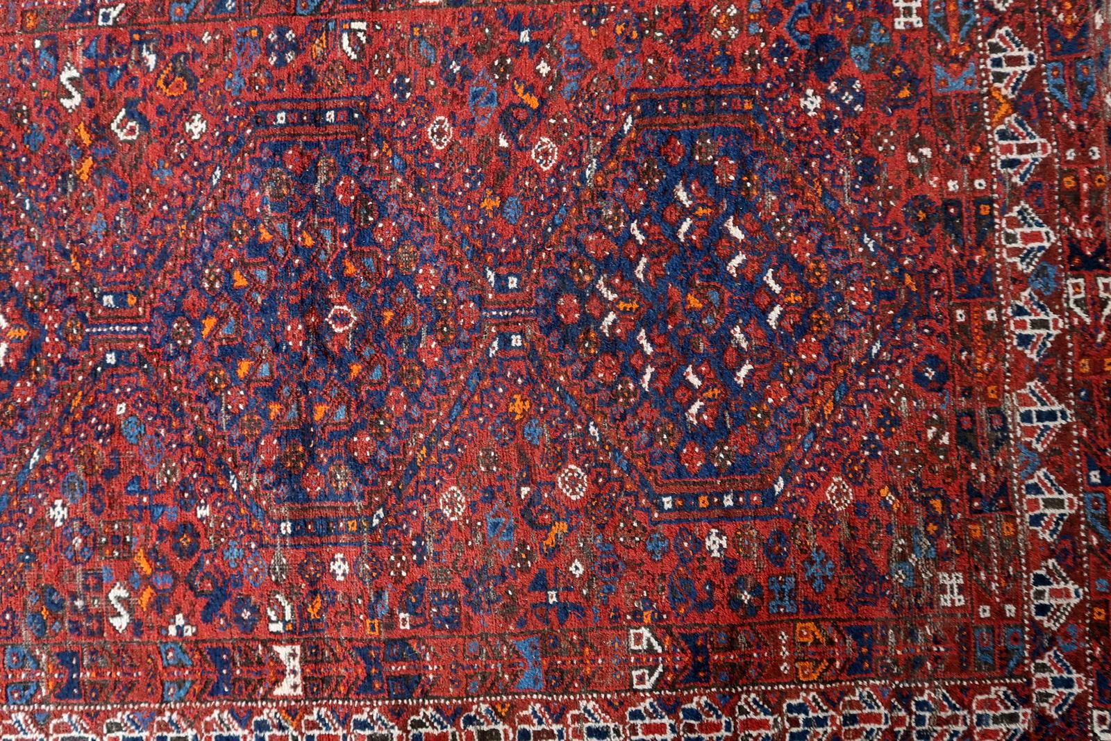 Hand-Knotted Handmade Antique Persian Khamseh Rug 4.3' x 6.6', 1920s, 1C1085 For Sale