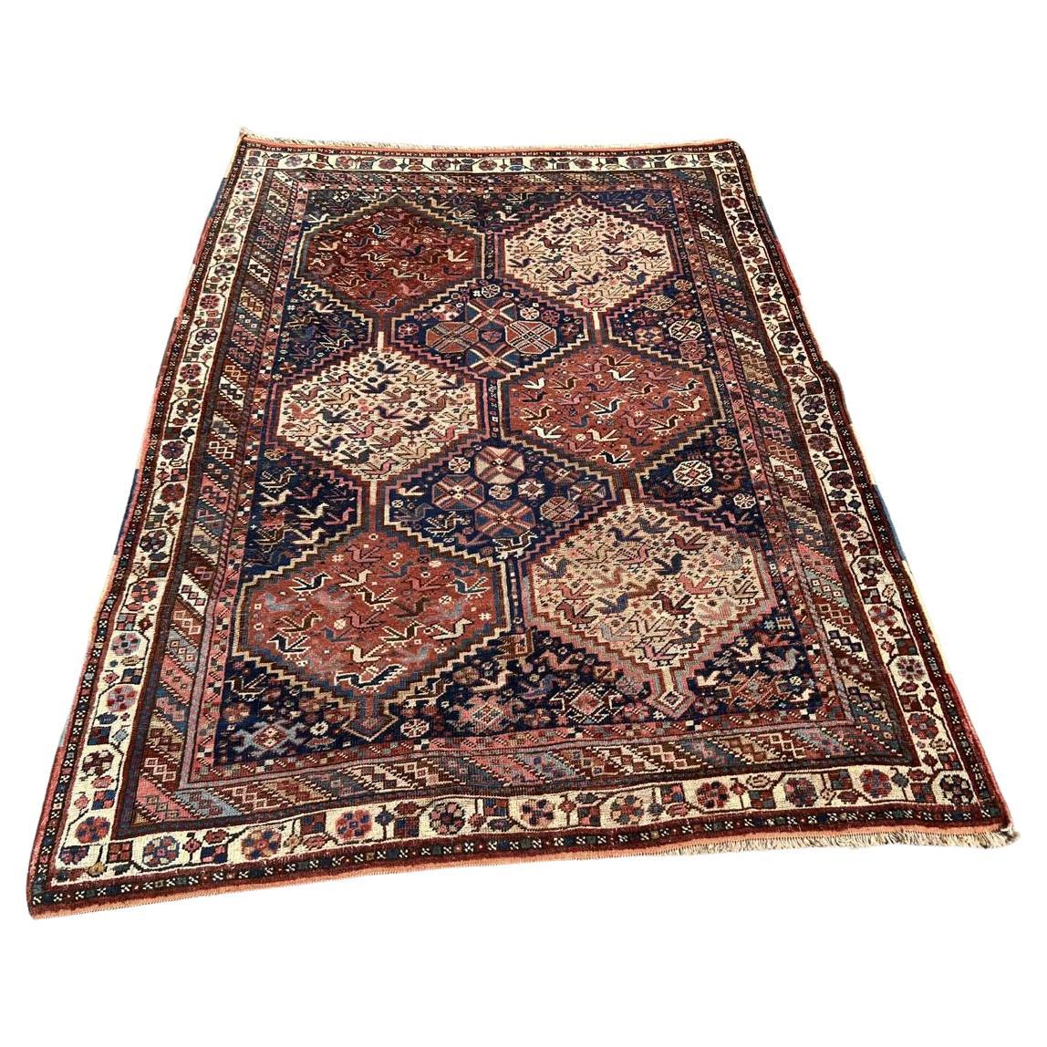 Tapis ancien persan Khamseh fait main 5.5' x 8.5', 1880s - 2B78