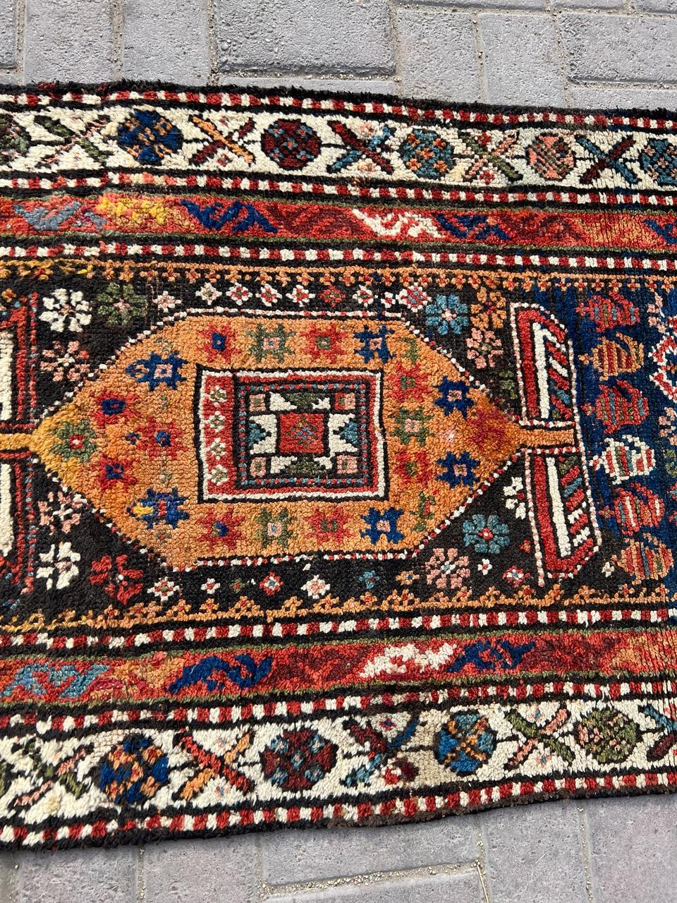 Handmade Antique Persian Kurdish Runner Rug 2.5' x 11.8', 1900s - 2B25 In Good Condition For Sale In Bordeaux, FR