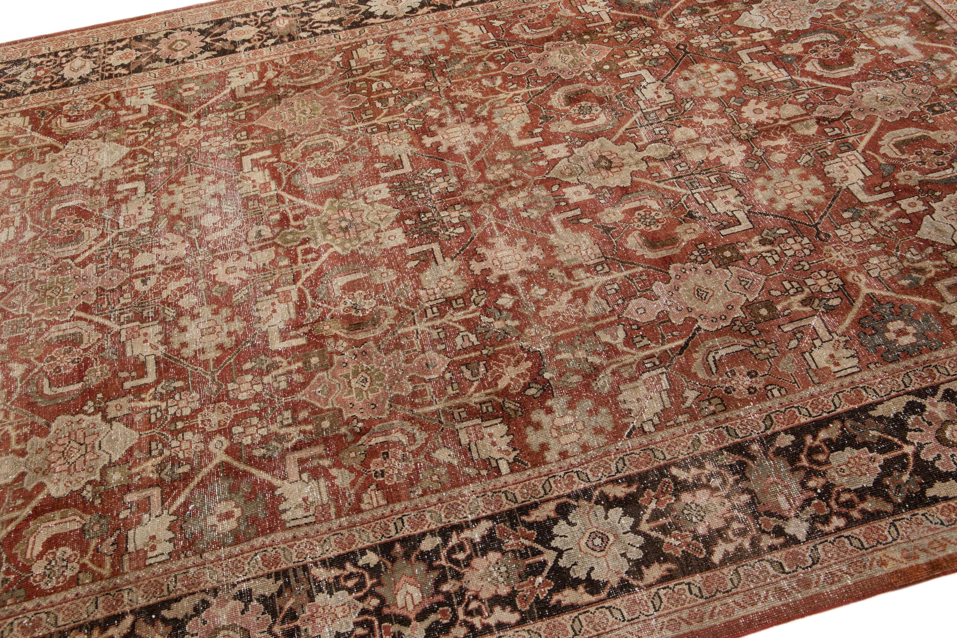 Islamic Handmade Antique Persian Mahal Floral Wool Rug in Rust For Sale