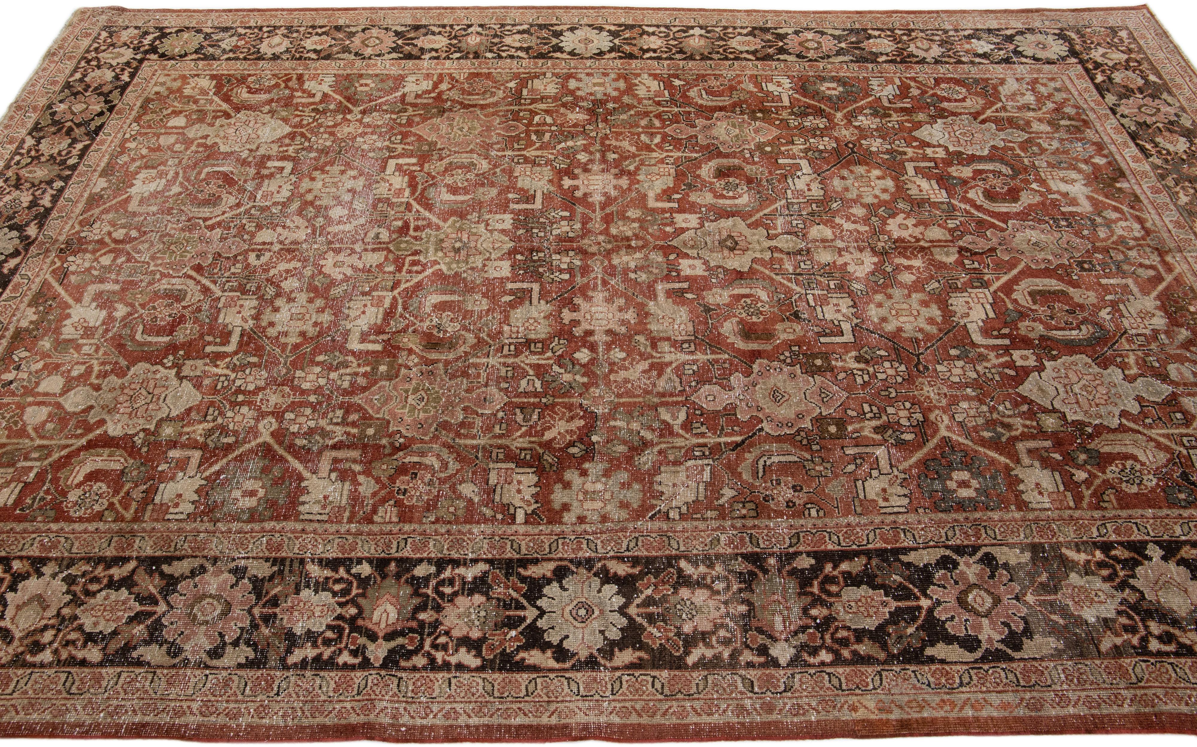Hand-Knotted Handmade Antique Persian Mahal Floral Wool Rug in Rust For Sale