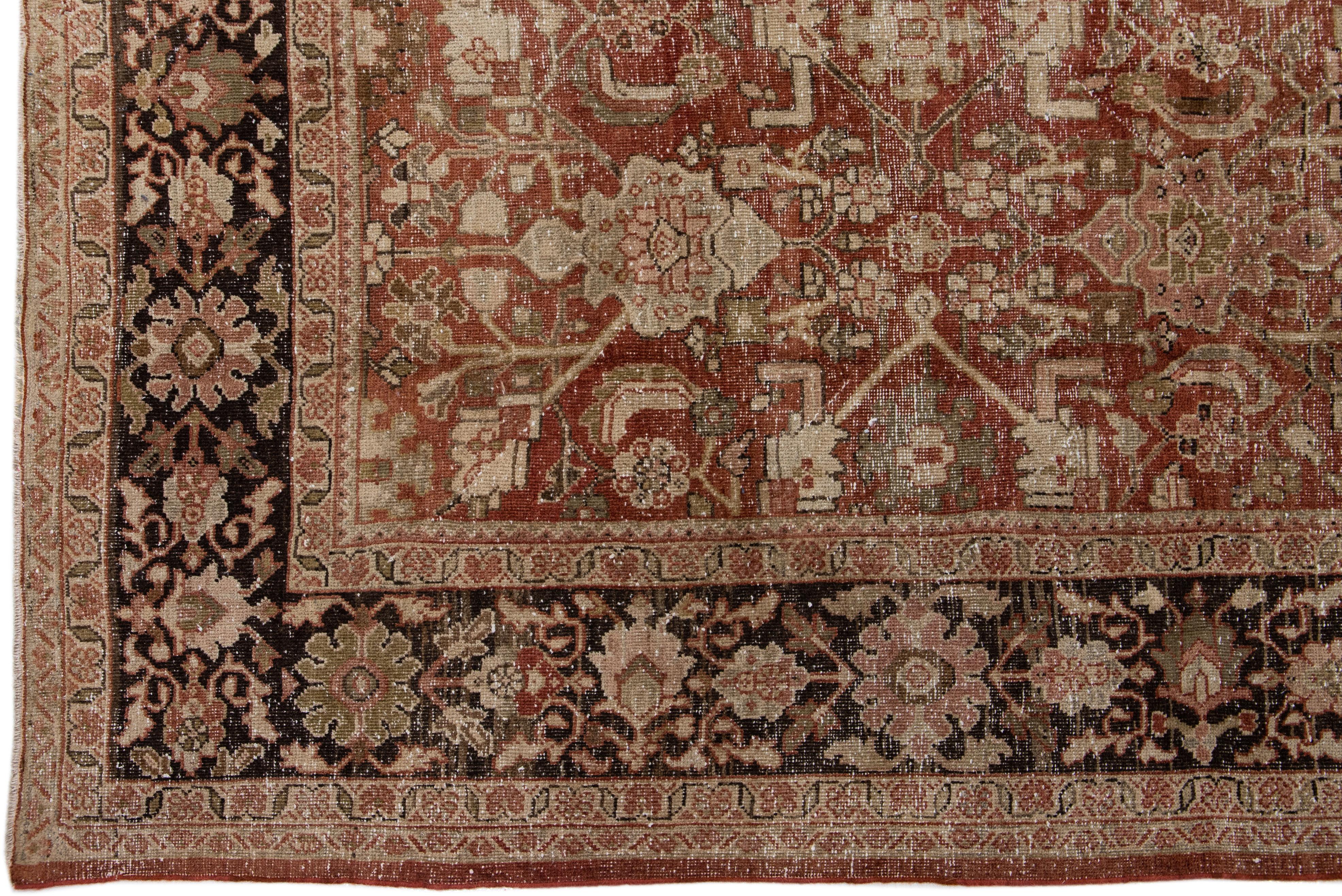 Handmade Antique Persian Mahal Floral Wool Rug in Rust In Good Condition For Sale In Norwalk, CT
