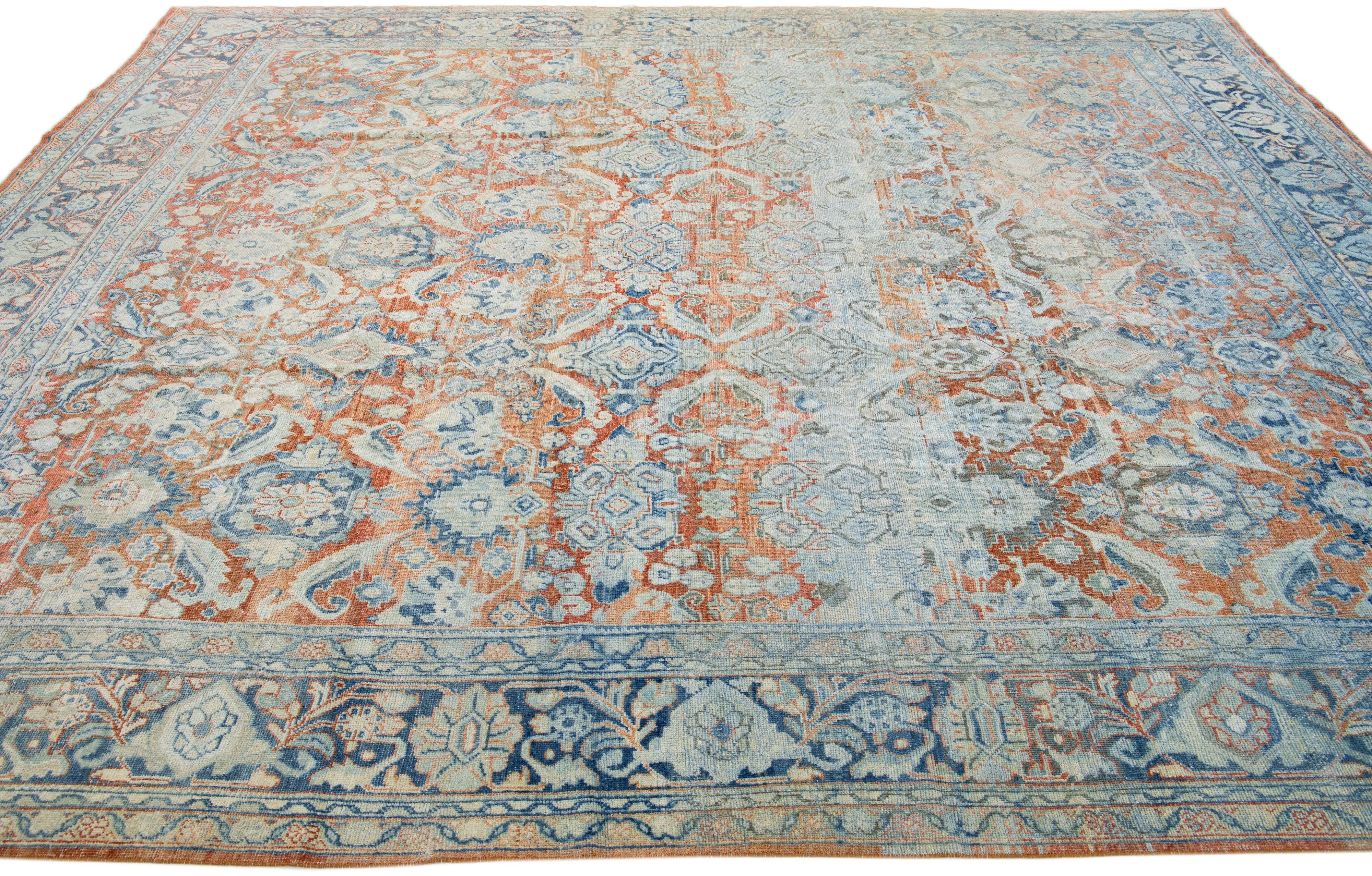 Hand-Knotted  Antique Persian Mahal Handmade Wool Rug with Allover Motif in Rust  For Sale