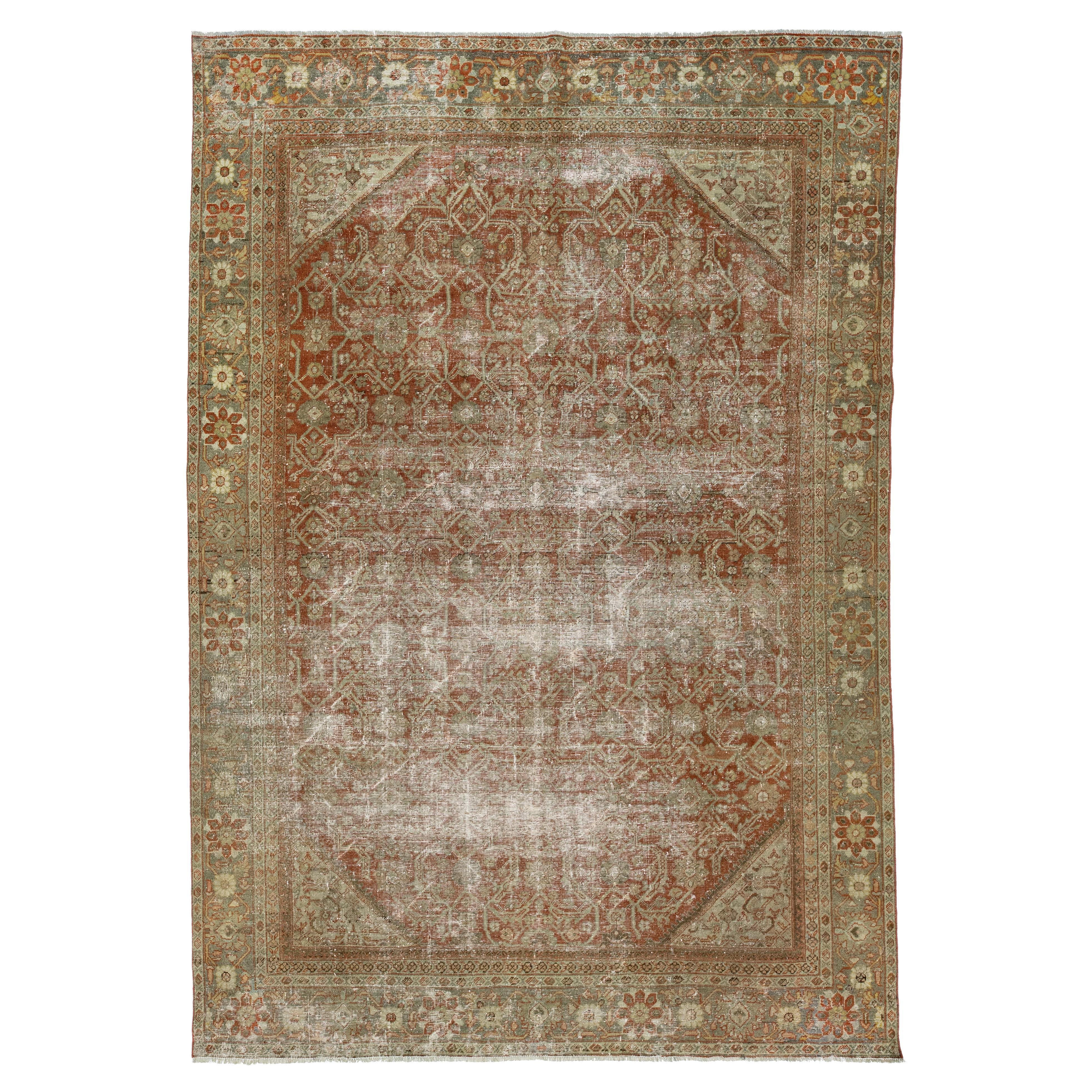 Handmade Antique Persian Mahal Wool Rug In Rust Color with Allover Design For Sale