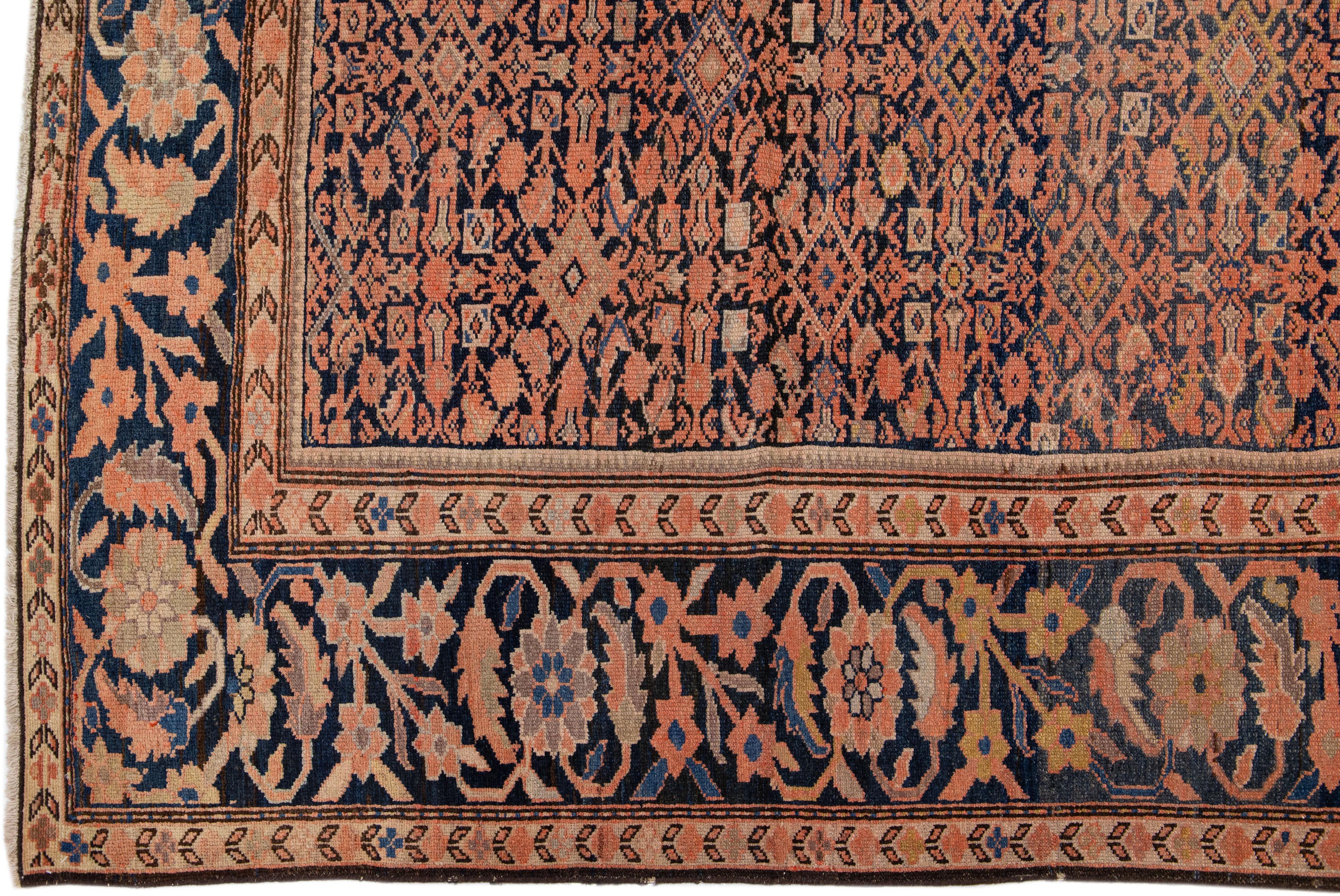 Hand-Knotted Handmade Antique Persian Malayer Allover Wool Rug in Peach & Blue For Sale