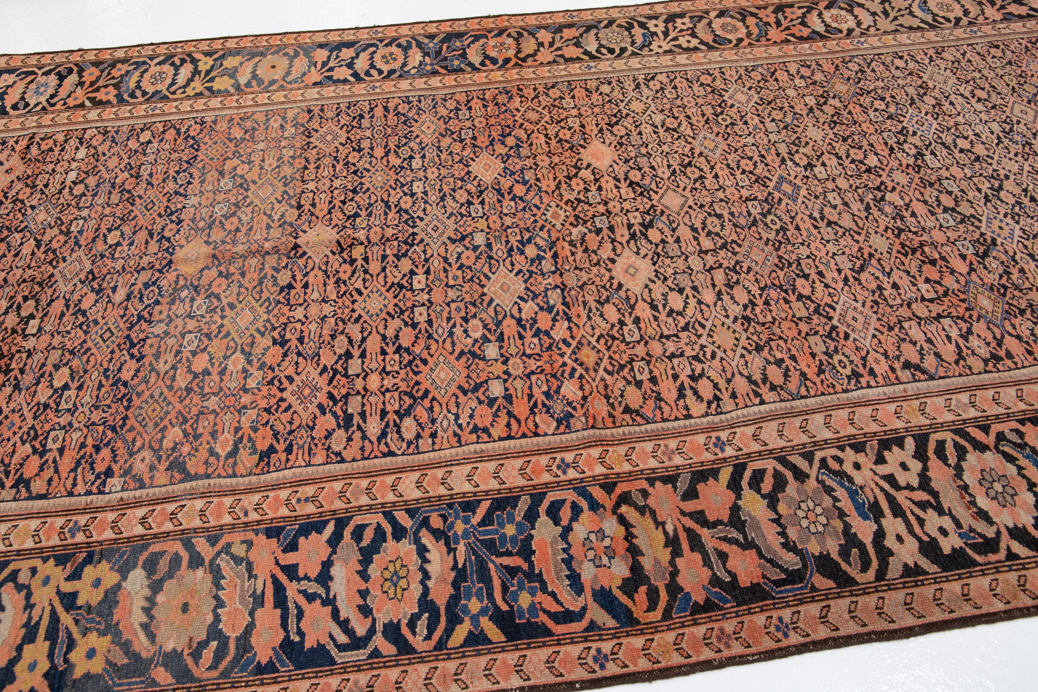Handmade Antique Persian Malayer Allover Wool Rug in Peach & Blue In Good Condition For Sale In Norwalk, CT