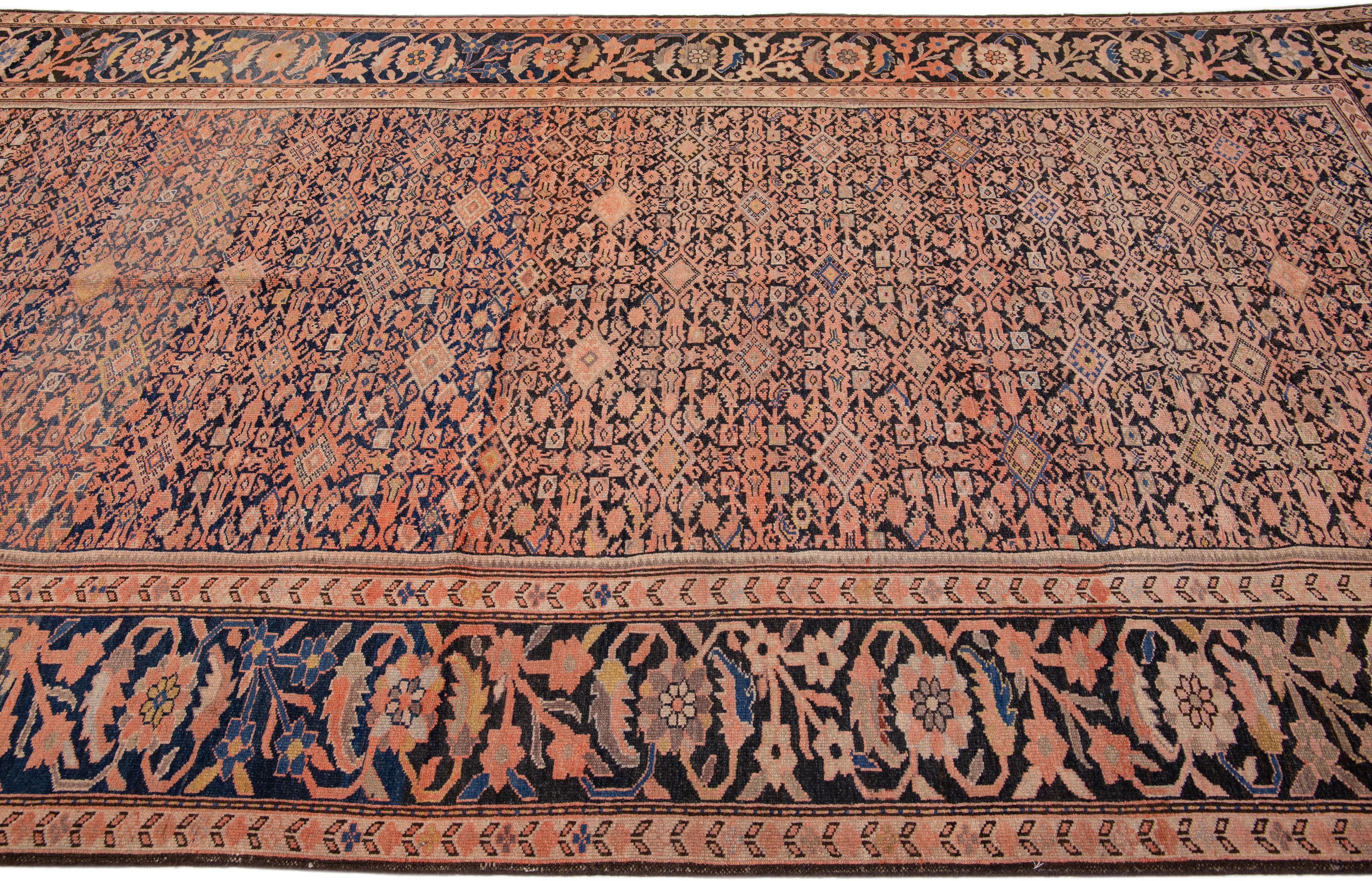 20th Century Handmade Antique Persian Malayer Allover Wool Rug in Peach & Blue For Sale