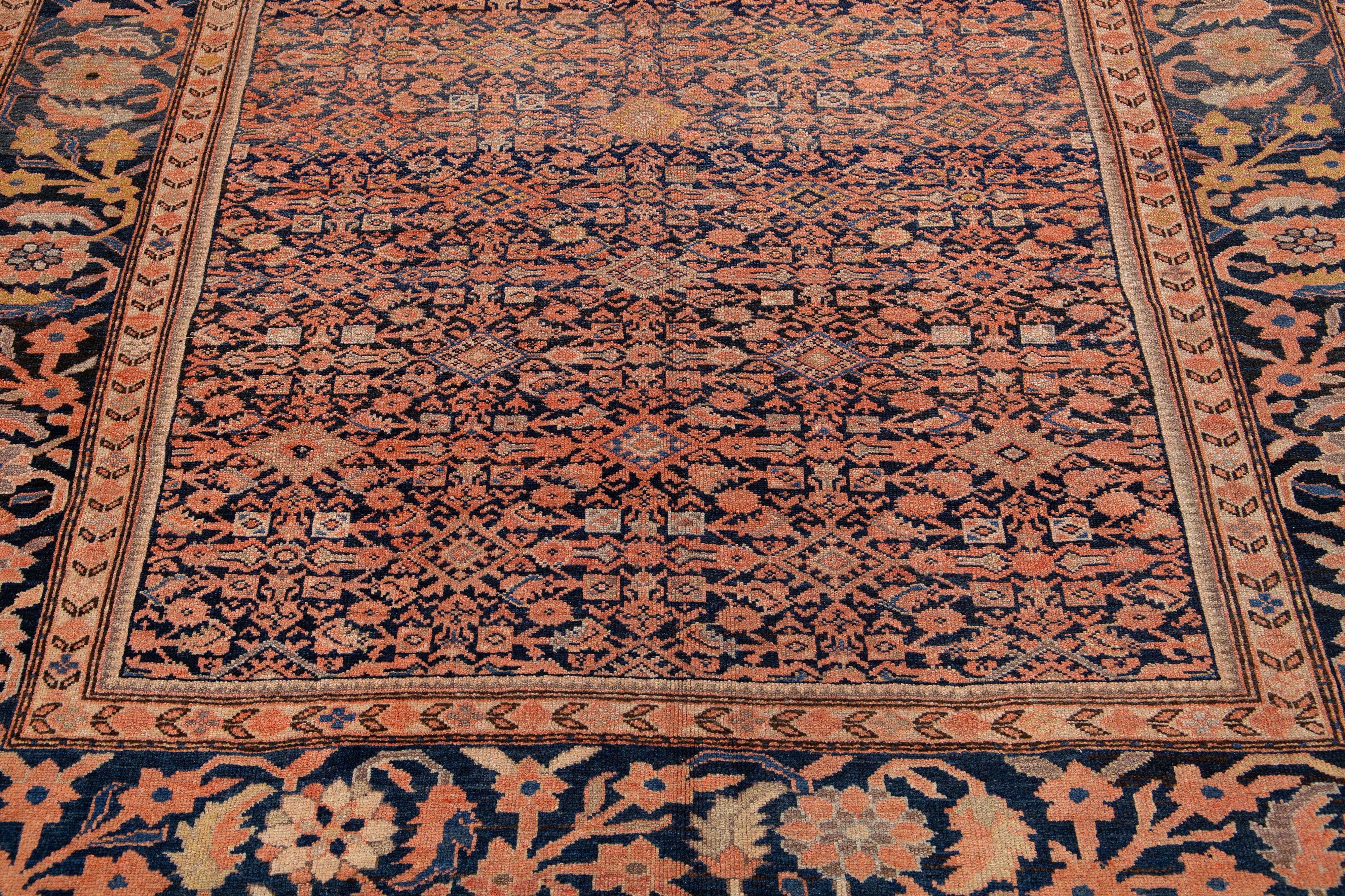 Handmade Antique Persian Malayer Allover Wool Rug in Peach & Blue For Sale 1