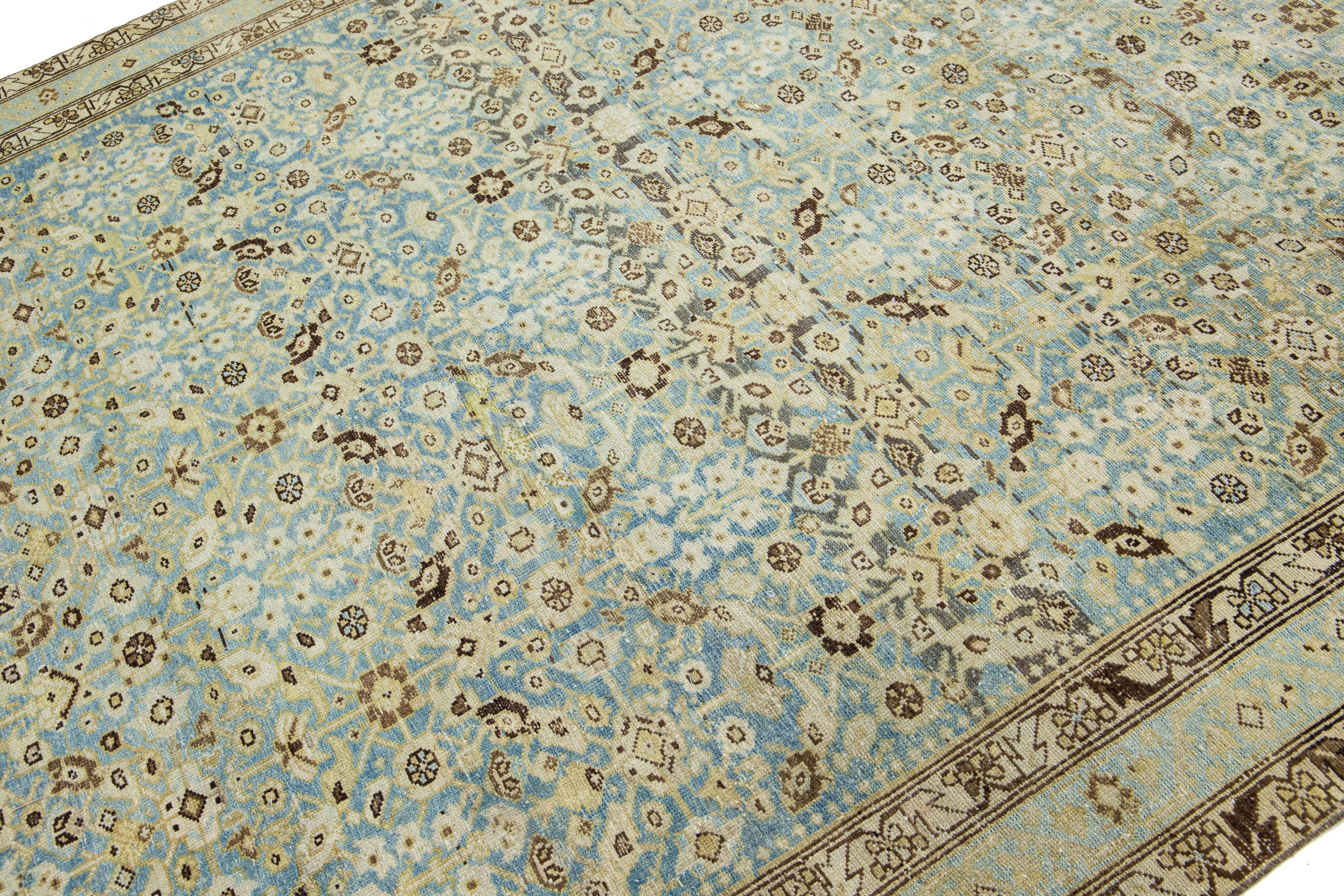 Hand-Knotted Handmade Antique Persian Malayer Wool Rug In Blue With Allover Motif For Sale