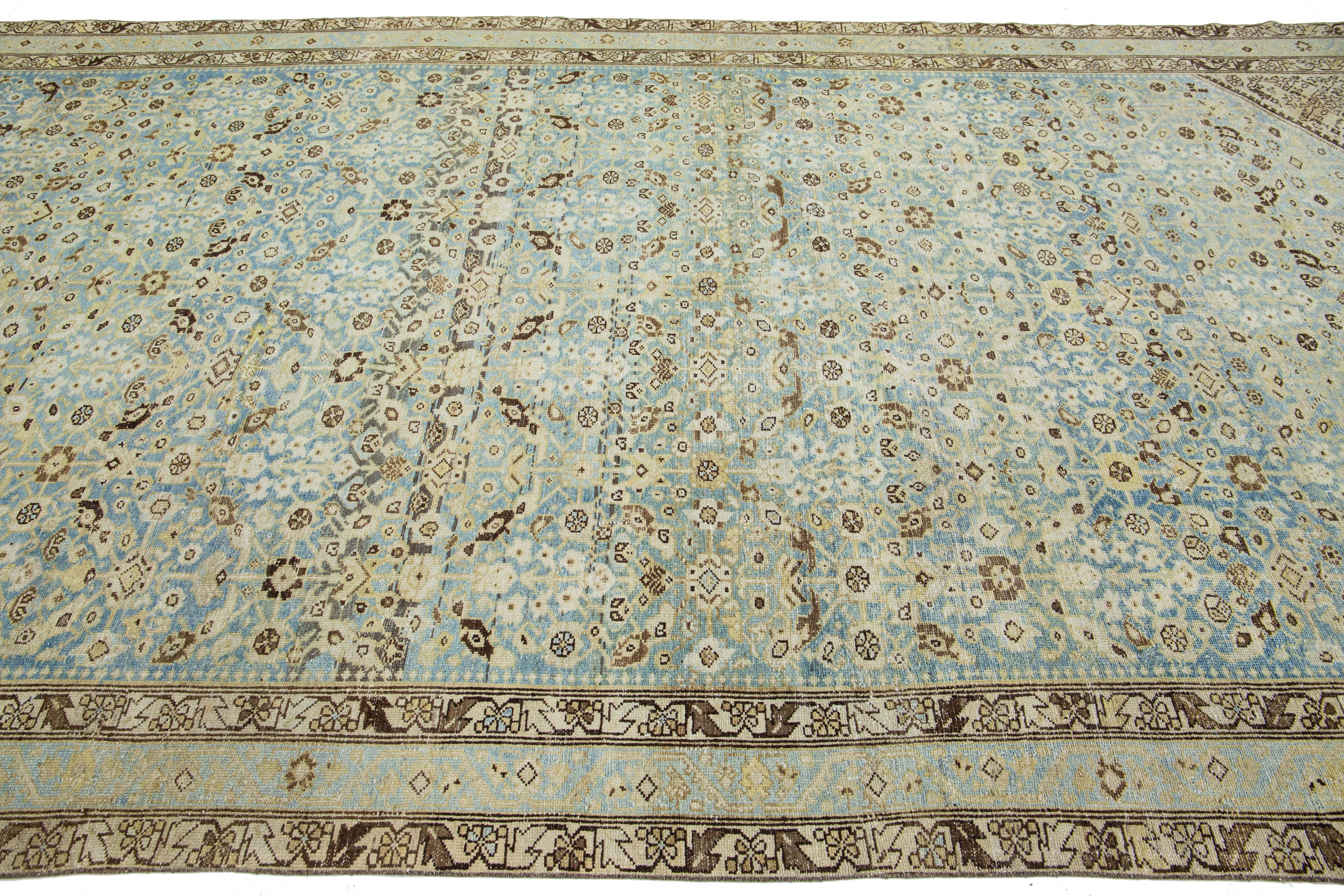 Handmade Antique Persian Malayer Wool Rug In Blue With Allover Motif In Excellent Condition For Sale In Norwalk, CT