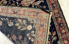 Handmade Antique Persian Sarouk Mahajiran Rug Midnight Blue Floral 1900s - 1B973