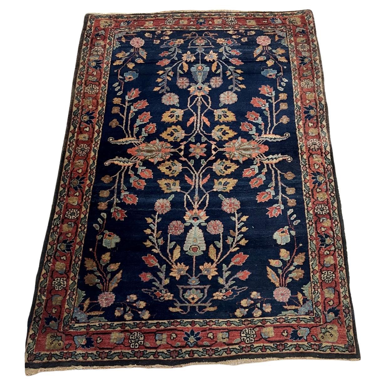Handmade Antique Persian Sarouk Mahajiran Rug Midnight Blue Floral 1900s - 1B973
