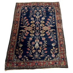 Handmade Antique Persian Sarouk Mahajiran Rug Midnight Blue Floral 1900s - 1B973