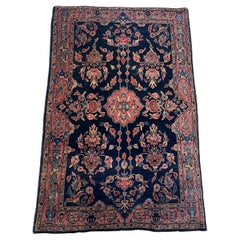 Handmade Antique Persian Sarouk Mahajiran Rug, Midnight Blue & Rose 1900 - 1B972