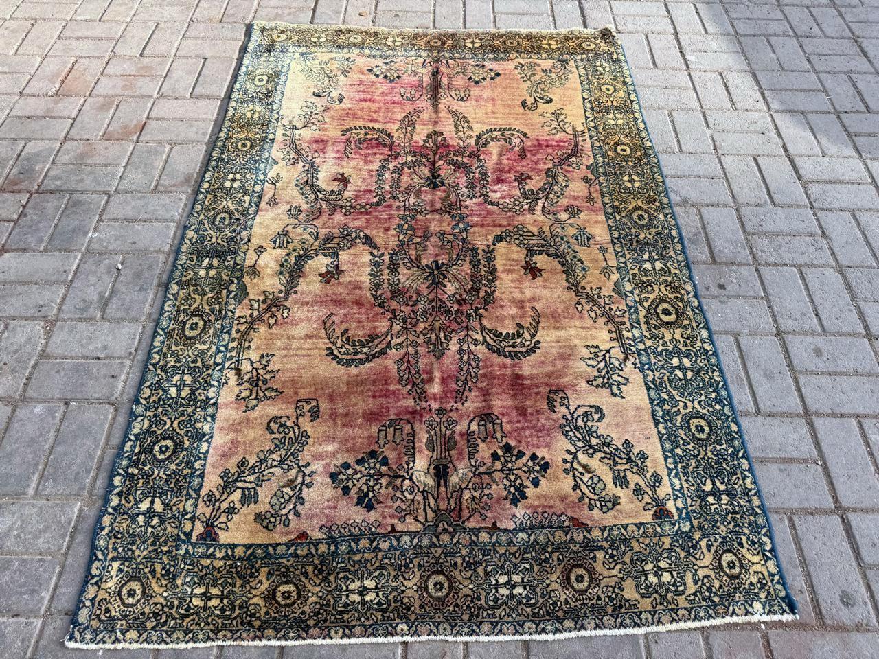 Hand-Knotted Handmade Antique Persian Sarouk Rug 4' x 6', 1890s - 2B94 For Sale