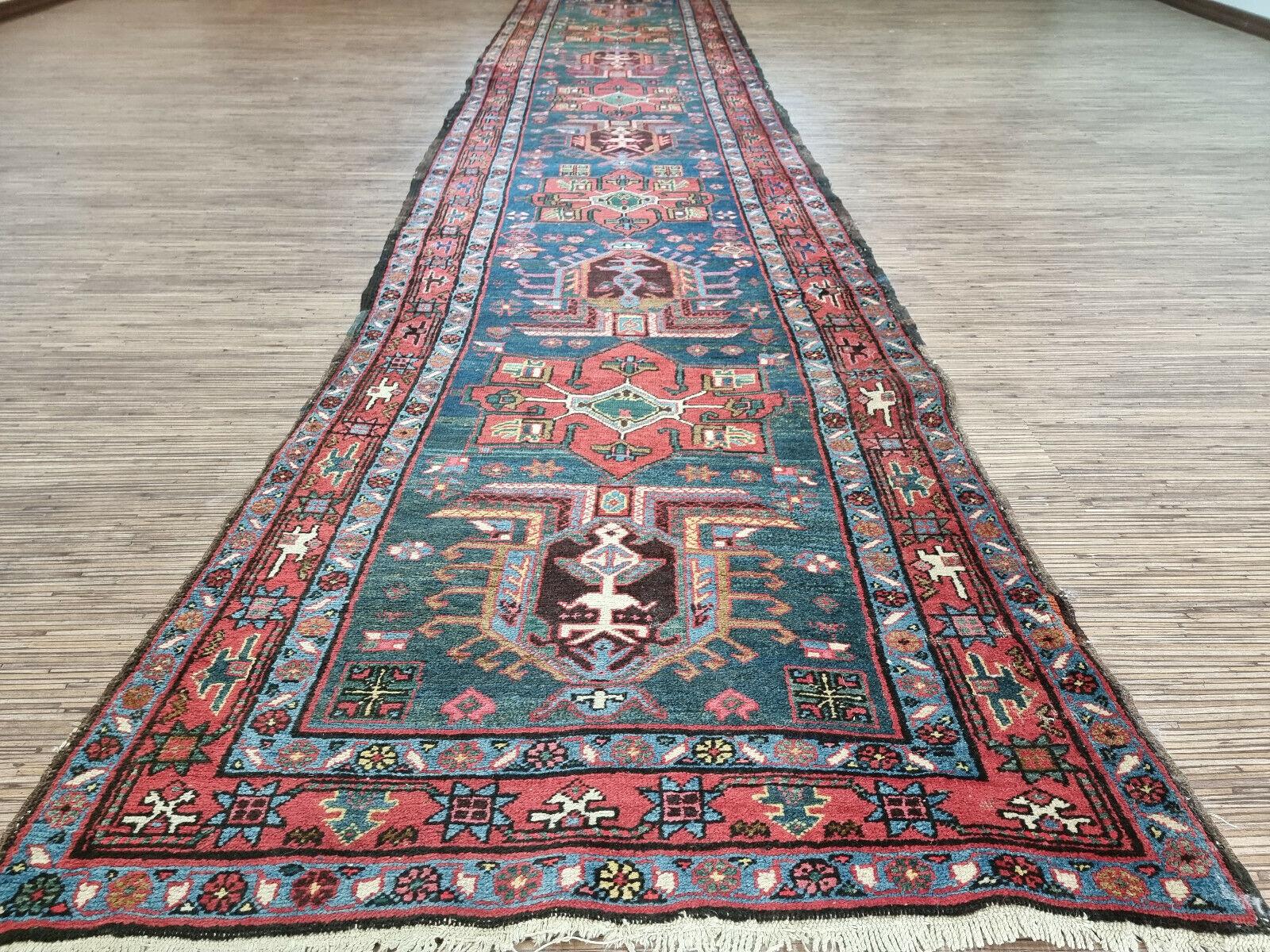 Hand-Knotted Handmade Antique Persian Style Heriz Runner Rug 2.8' x 13.7', 1900s - 1D80