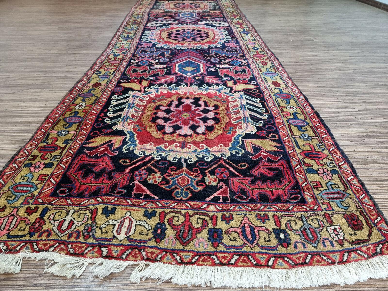 Hand-Knotted Handmade Antique Persian Style Heriz Runner Rug 3.7' x 12.1', 1920s - 1D78 For Sale
