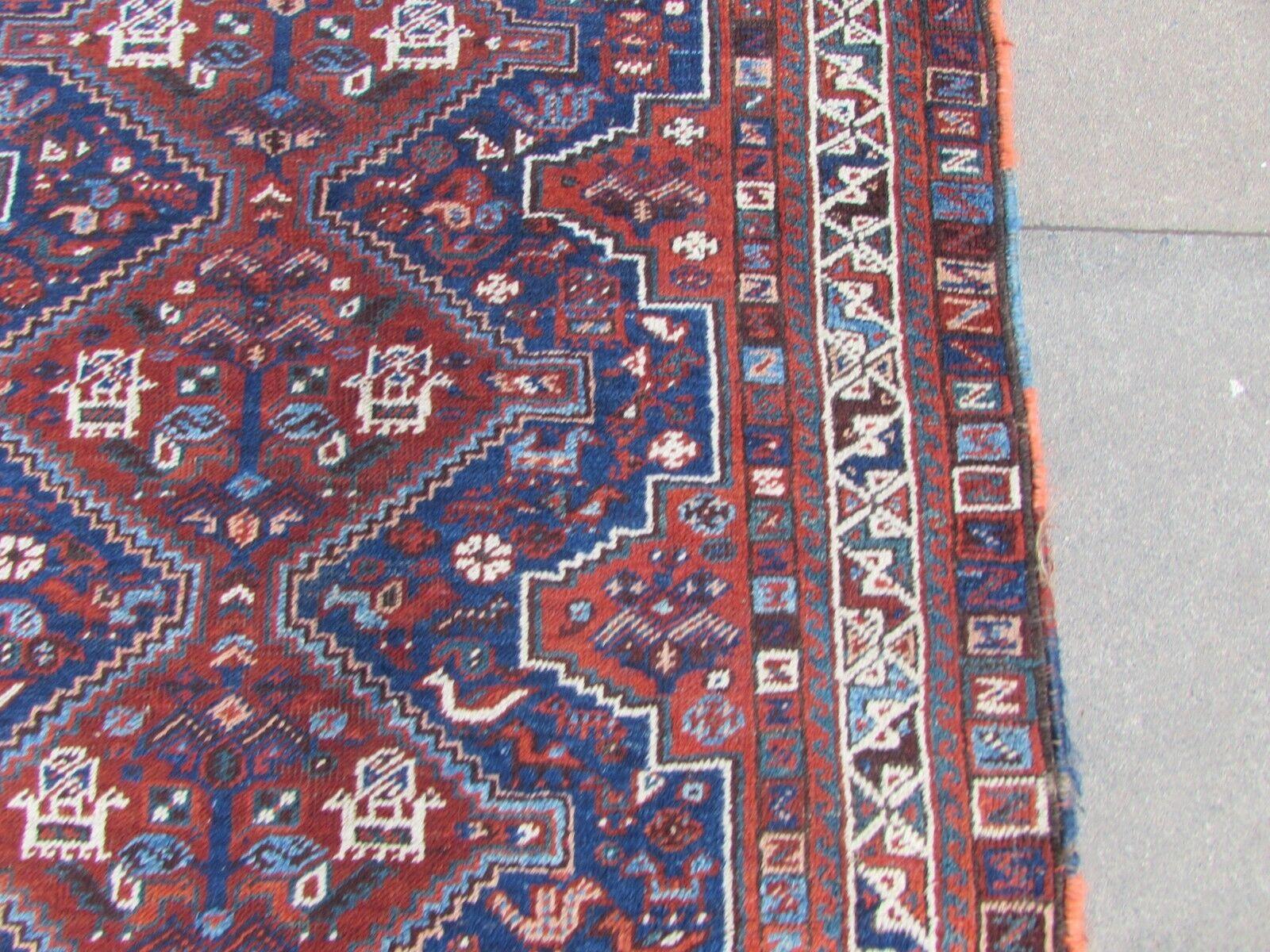 Wool Handmade Antique Persian Style Shiraz Rug 3.9' x 4.9', 1920s, 1Q62 For Sale