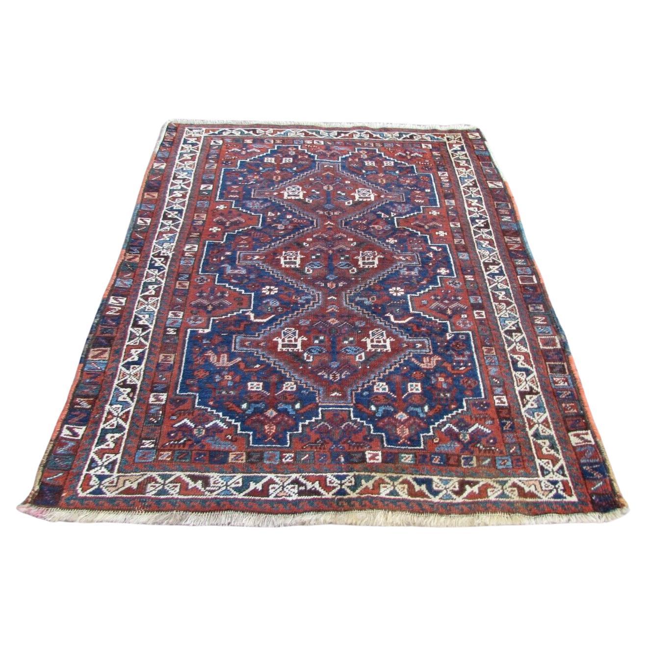 Handmade Antique Persian Style Shiraz Rug 3.9' x 4.9', 1920s, 1Q62 For Sale