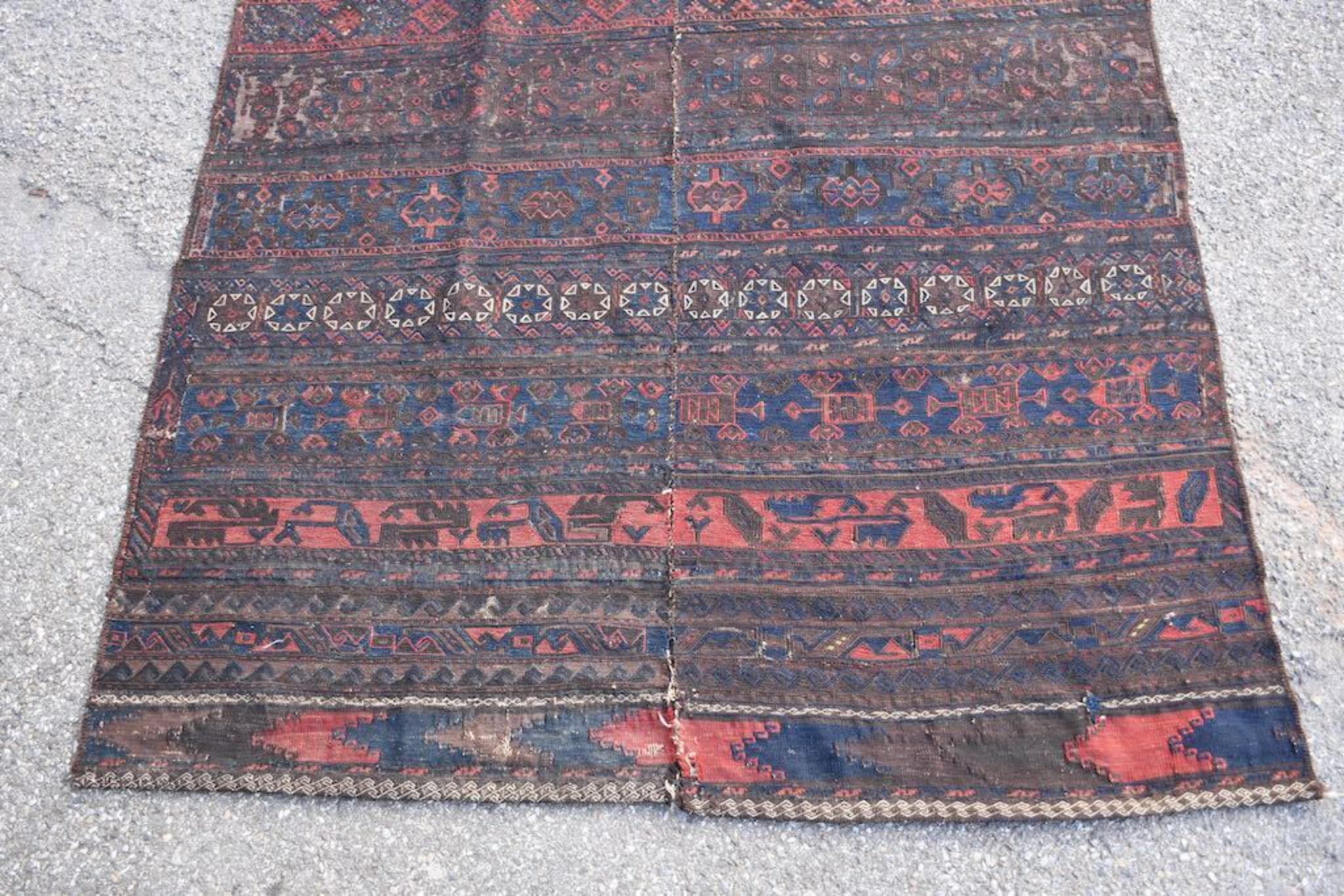 Handmade Antique Persian Style Sumak Kilim Rug 4.1' x 8.7', 1910s