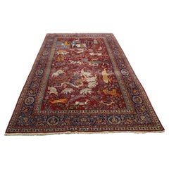 Tapis persan ancien de Tabriz Animals, fait à la main 4,5' x 7,3', 1900s - 1K08