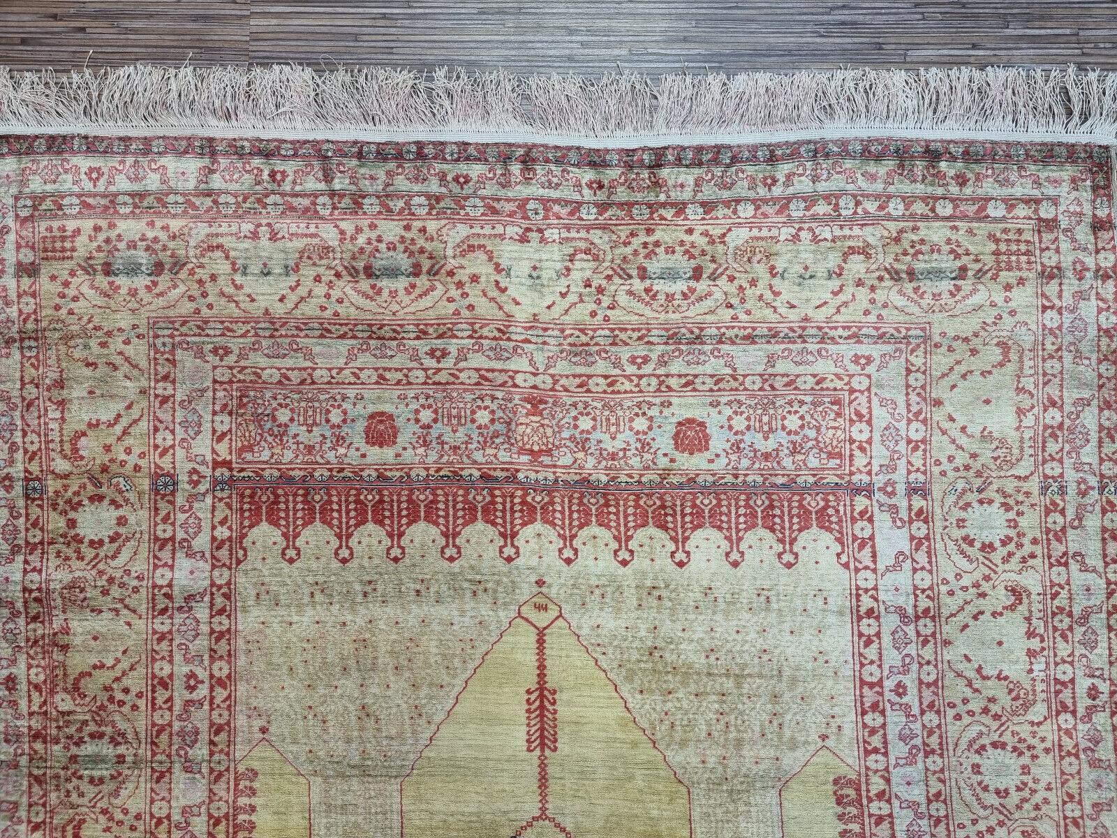Handmade Antique Persian Style Tabriz Prayer Silk Rug 3.8' x 5', 1880s - 1D84 For Sale 1