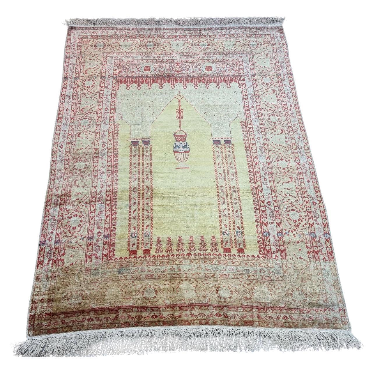 Handmade Antique Persian Style Tabriz Prayer Silk Rug 3.8' x 5', 1880s - 1D84 For Sale