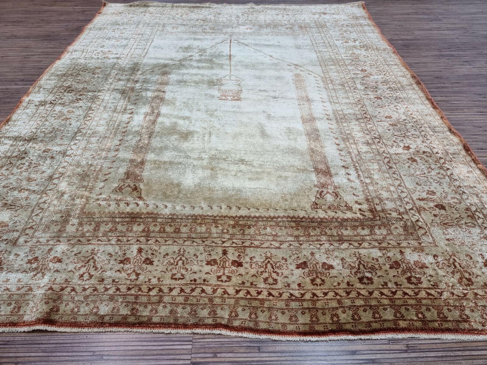 Hand-Knotted Handmade Antique Persian Style Tabriz Prayer Silk Rug 4' x 5.2', 1900s - 1D83 For Sale