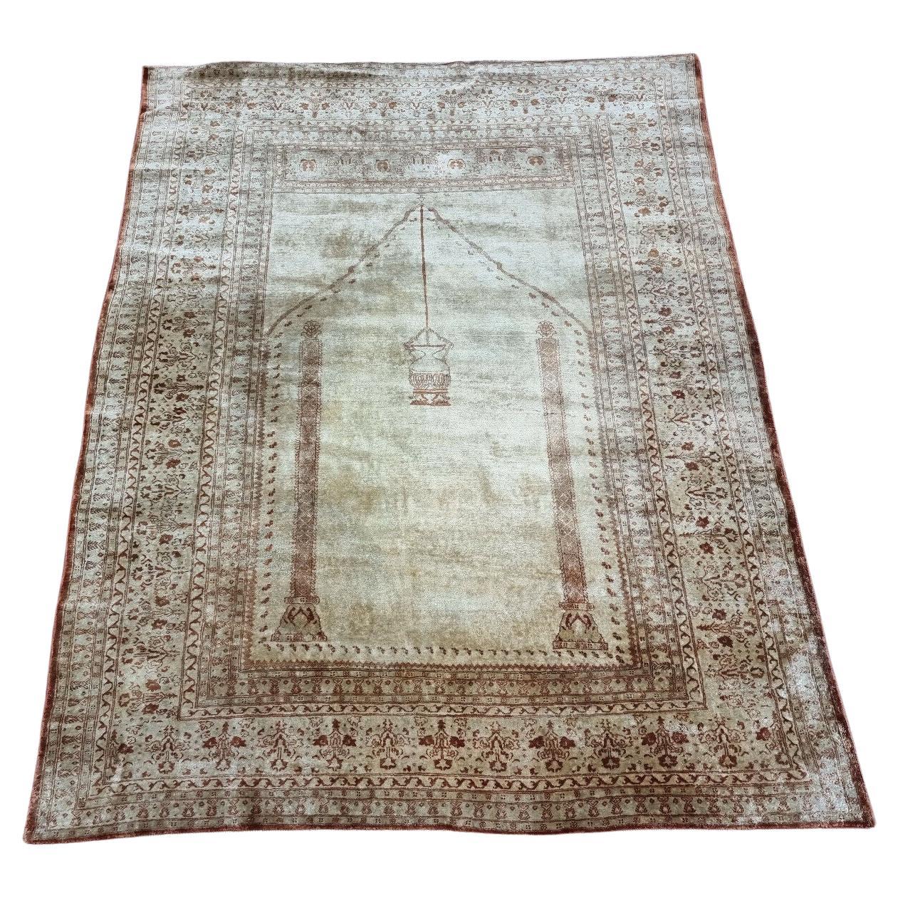 Handmade Antique Persian Style Tabriz Prayer Silk Rug 4' x 5.2', 1900s - 1D83 For Sale