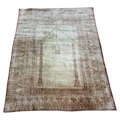 Handmade Antique Persian Style Tabriz Prayer Silk Rug 4' x 5.2', 1900s - 1D83