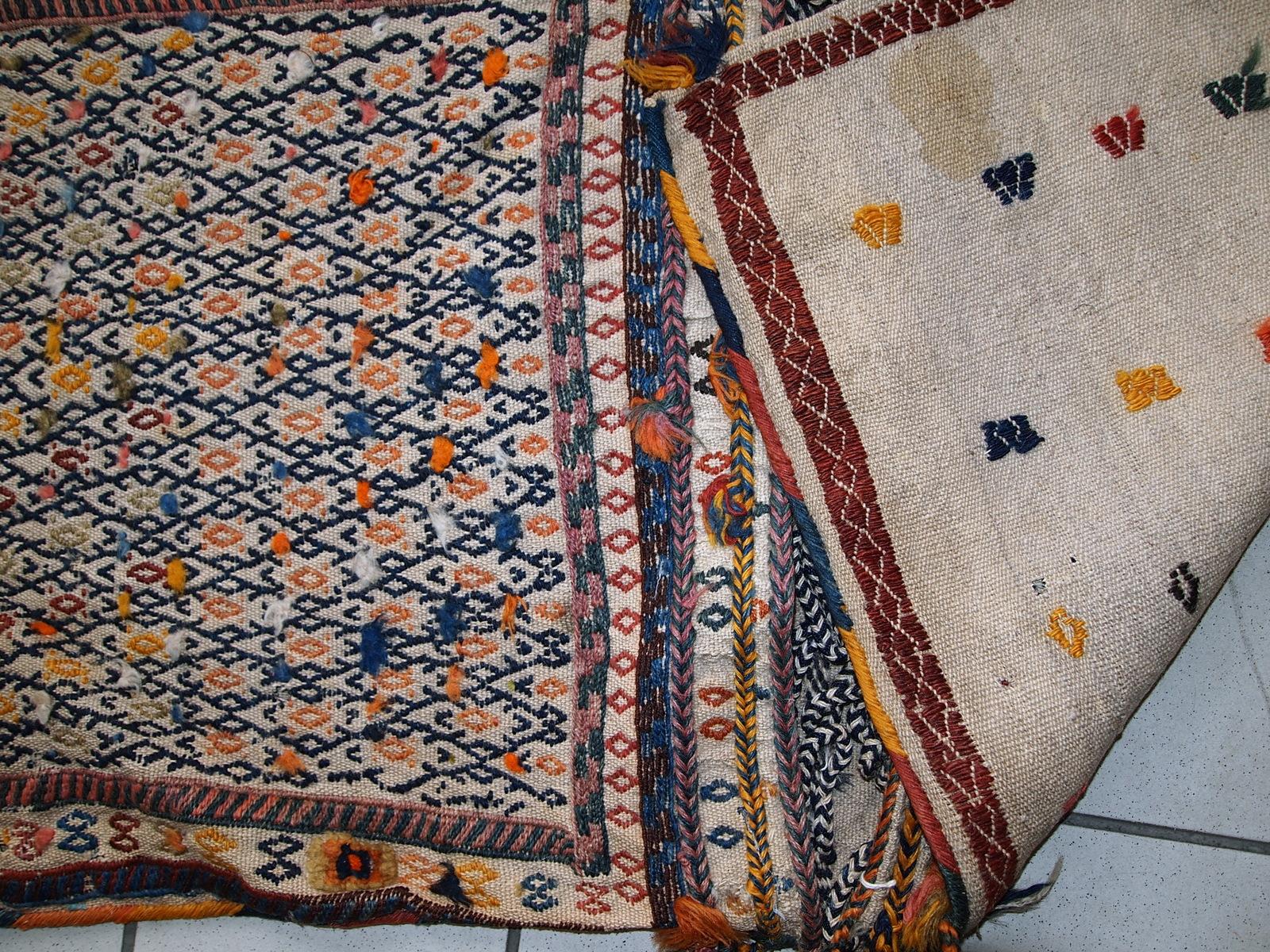 Asian Handmade Antique Persian Sumak Sadle Double Bag, 1940s, 1c399 For Sale