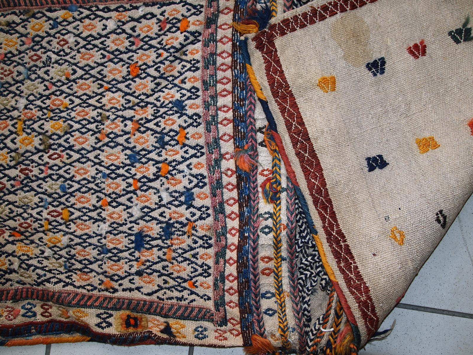 Asiatique Sac double de selle persan Sumak ancien fabriqué à la main, années 1940, 1c399 en vente