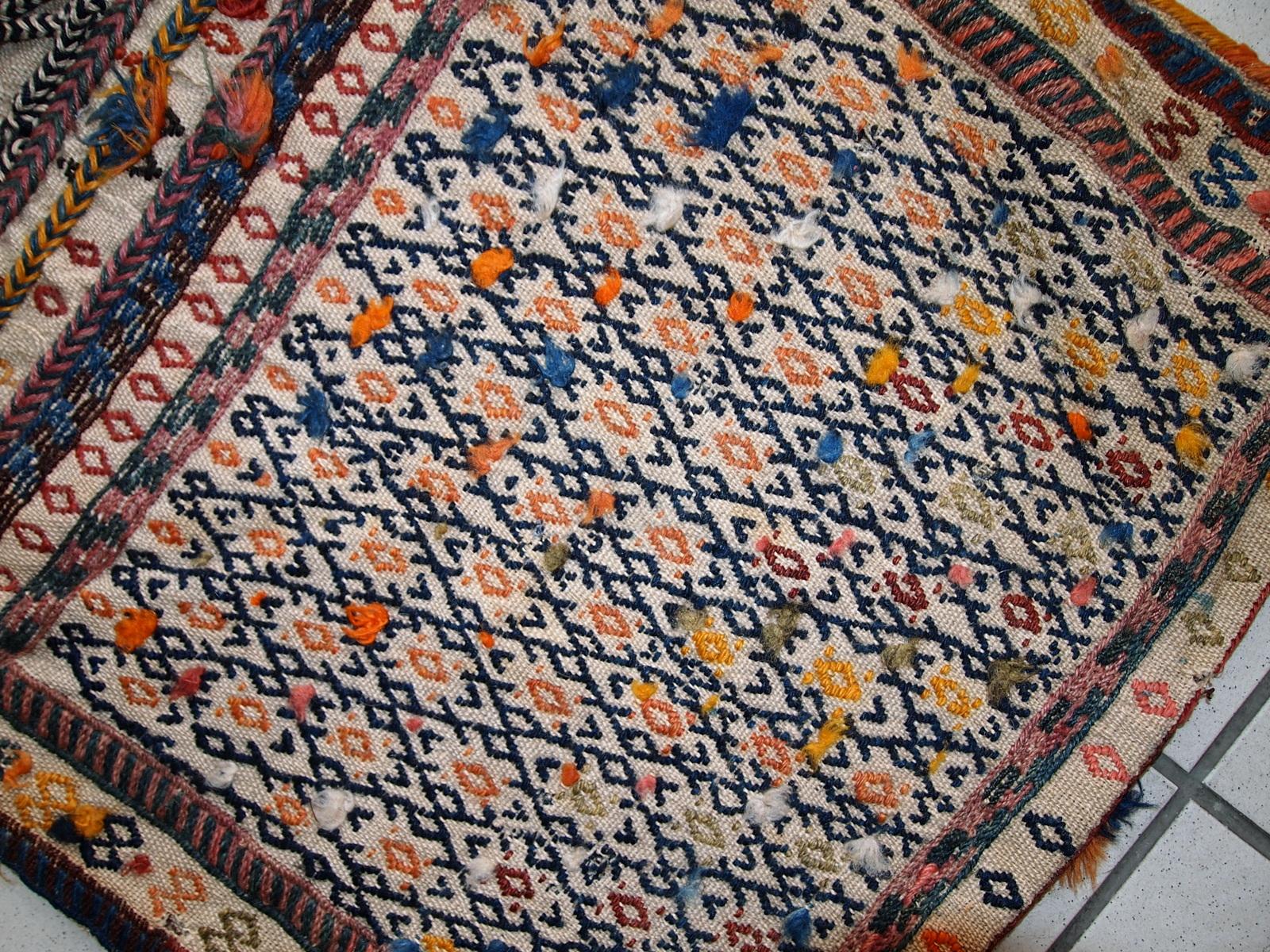 Wool Handmade Antique Persian Sumak Sadle Double Bag, 1940s, 1c399 For Sale