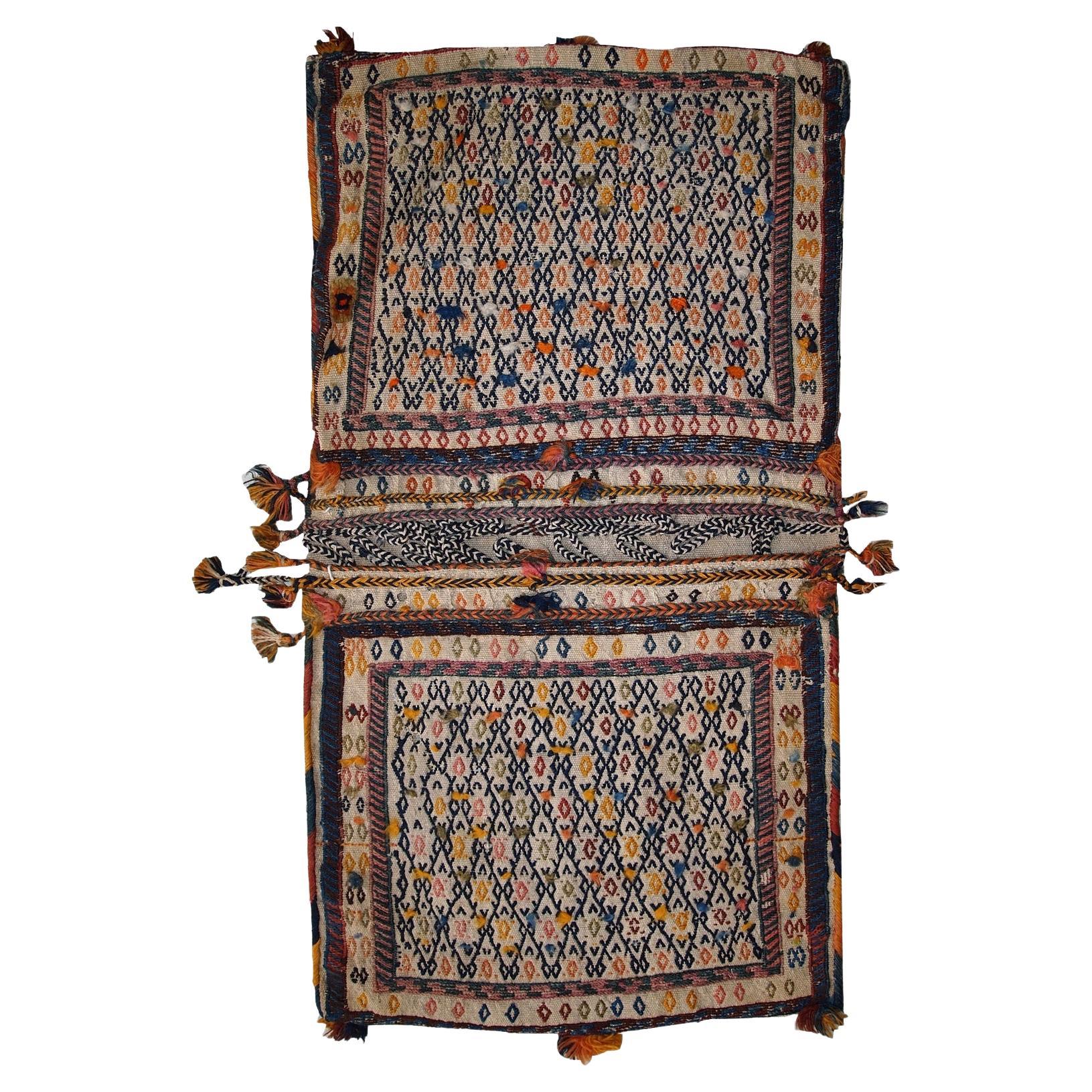 Handmade Antique Persian Sumak Sadle Double Bag, 1940s, 1c399 For Sale