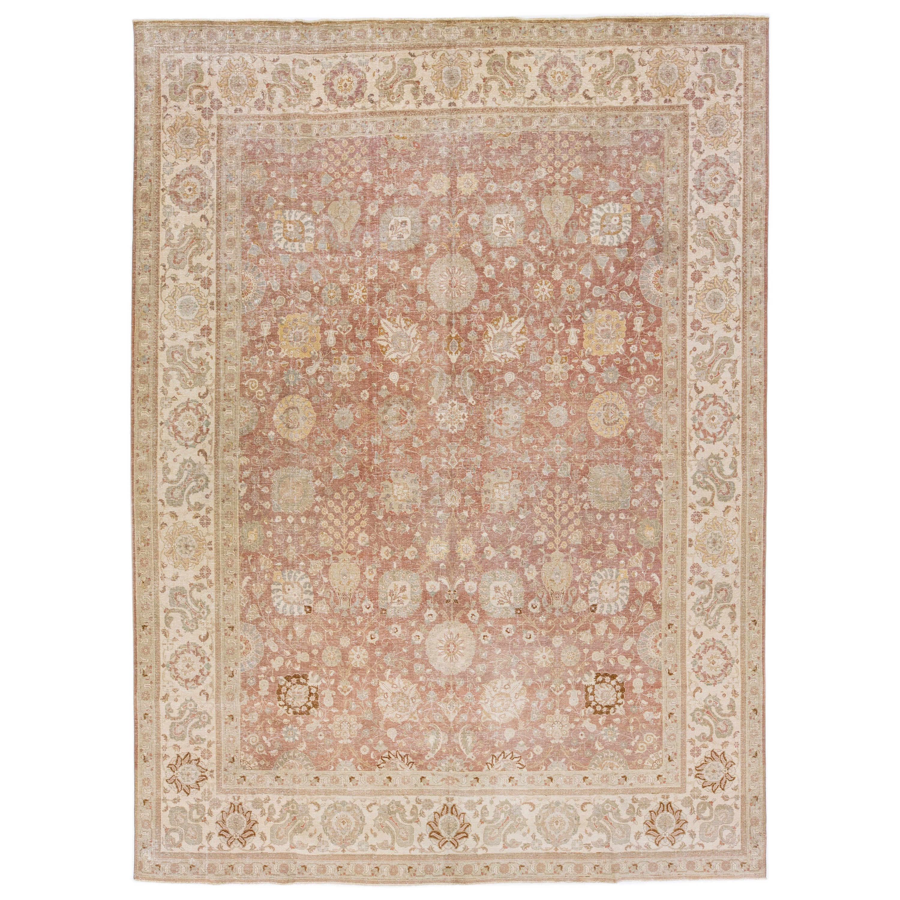 Tappeto in lana Tabriz Rust antico fatto a mano con disegno floreale